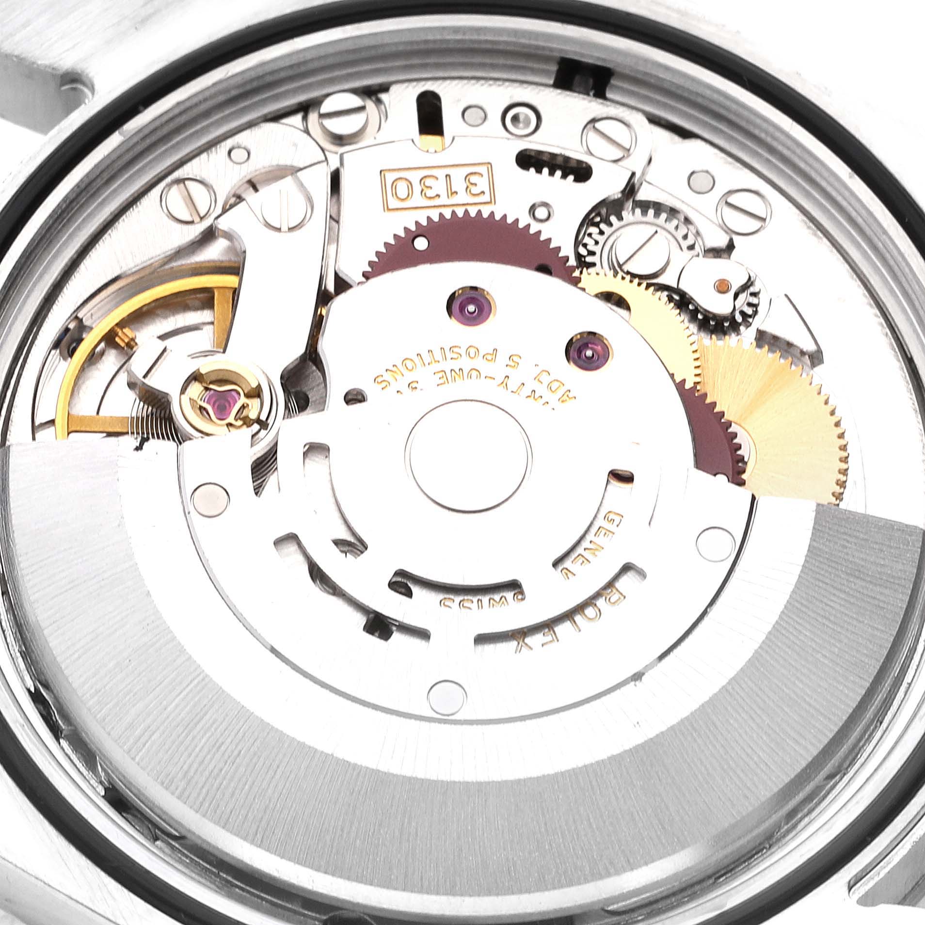 This image shows the movement and internal mechanism of a Rolex Explorer 114270 Men's Stainless Steel Black Dial 114270 Men's Stainless Steel Black Dial watch from an angled view inside the case back.