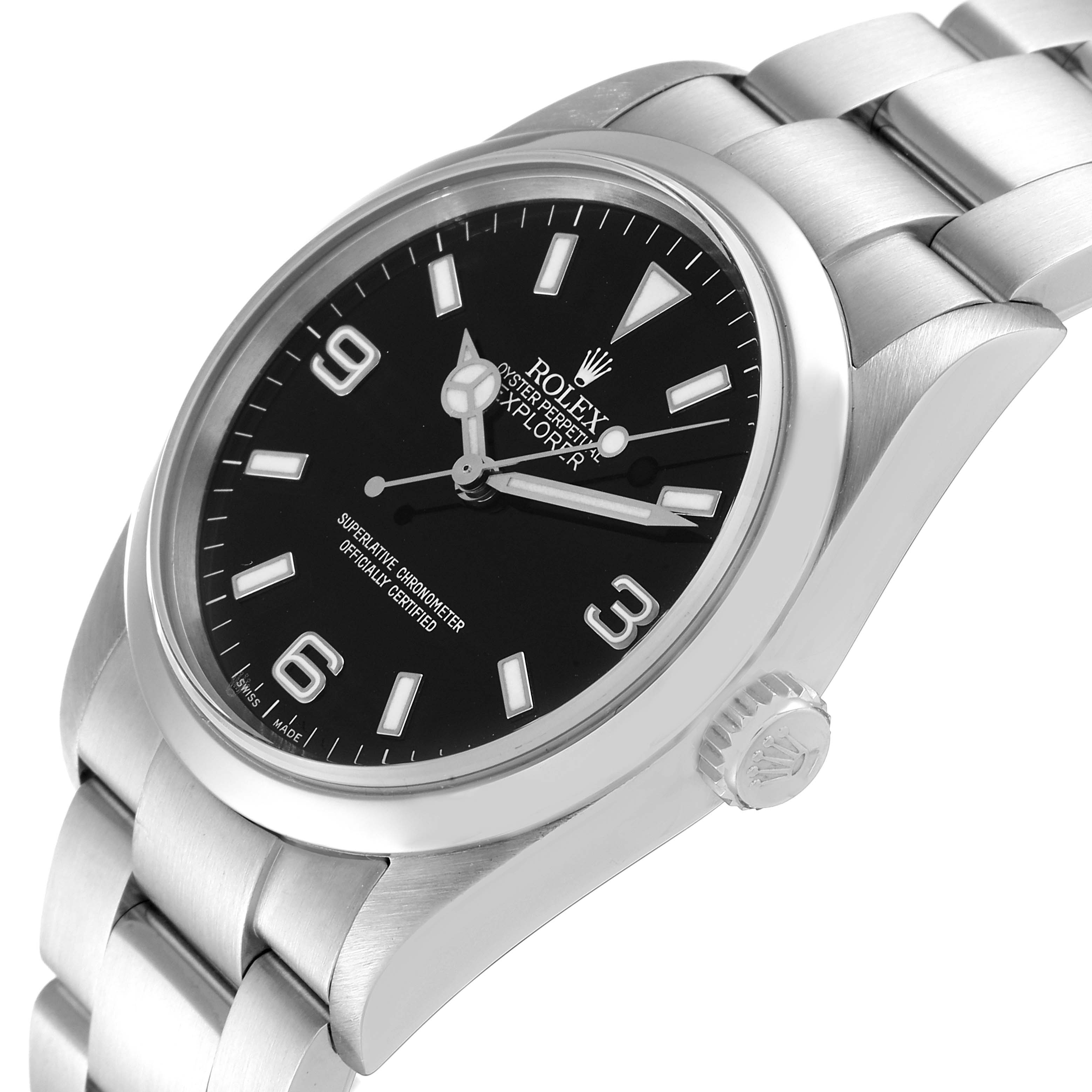The image shows a close-up of the dial, bracelet, and crown of the Rolex Explorer 114270 Men's Stainless Steel Black Dial 114270 Men's Stainless Steel Black Dial watch.