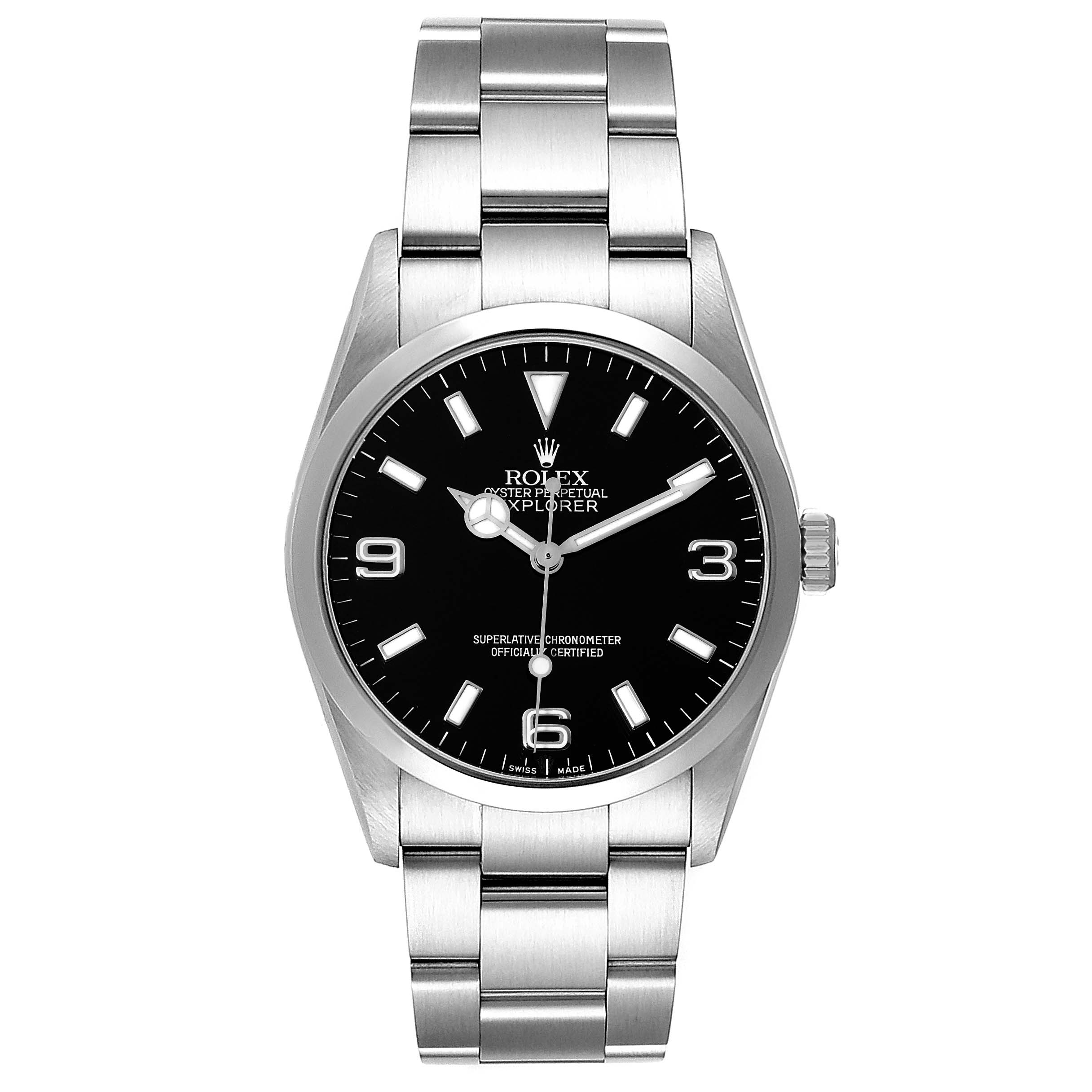 The image shows the front view of a Rolex Explorer 114270 Men's Stainless Steel Black Dial 114270 Men's Stainless Steel Black Dial watch, displaying the dial, bezel, bracelet, and crown.