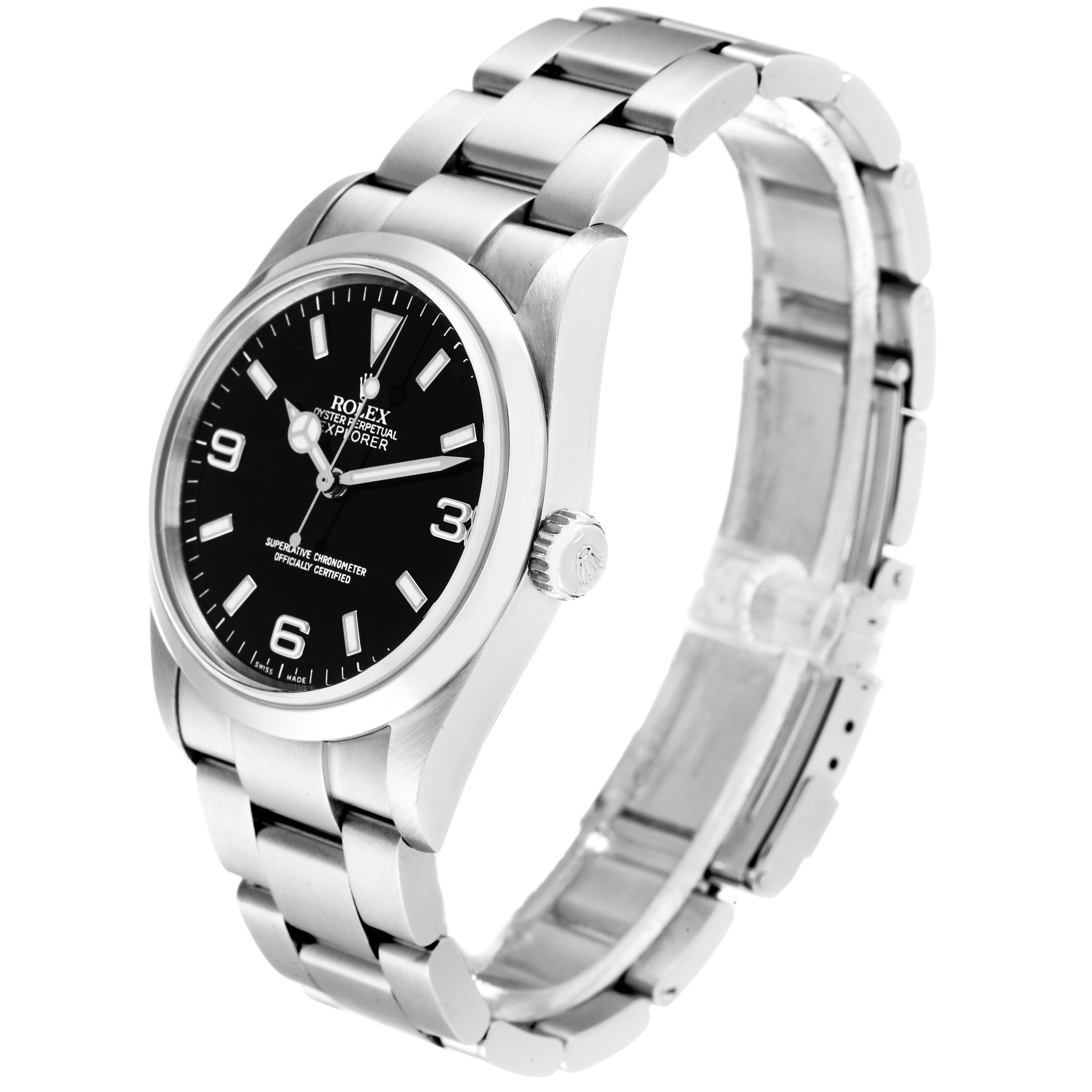 The Rolex Explorer 114270 Men's Stainless Steel Black Dial 114270 Men's Stainless Steel Black Dial model is shown at a slight side angle, displaying the face, bezel, case, crown, and bracelet.