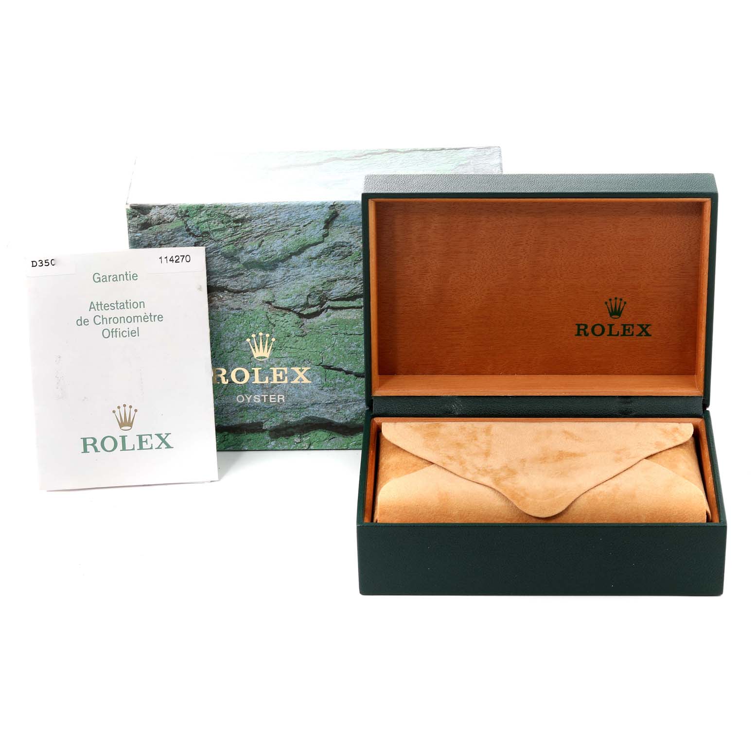The image shows the Rolex Explorer 114270 Men's Stainless Steel Black Dial 114270 Men's Stainless Steel Black Dial's packaging, including the open box, outer box, and a certificate.