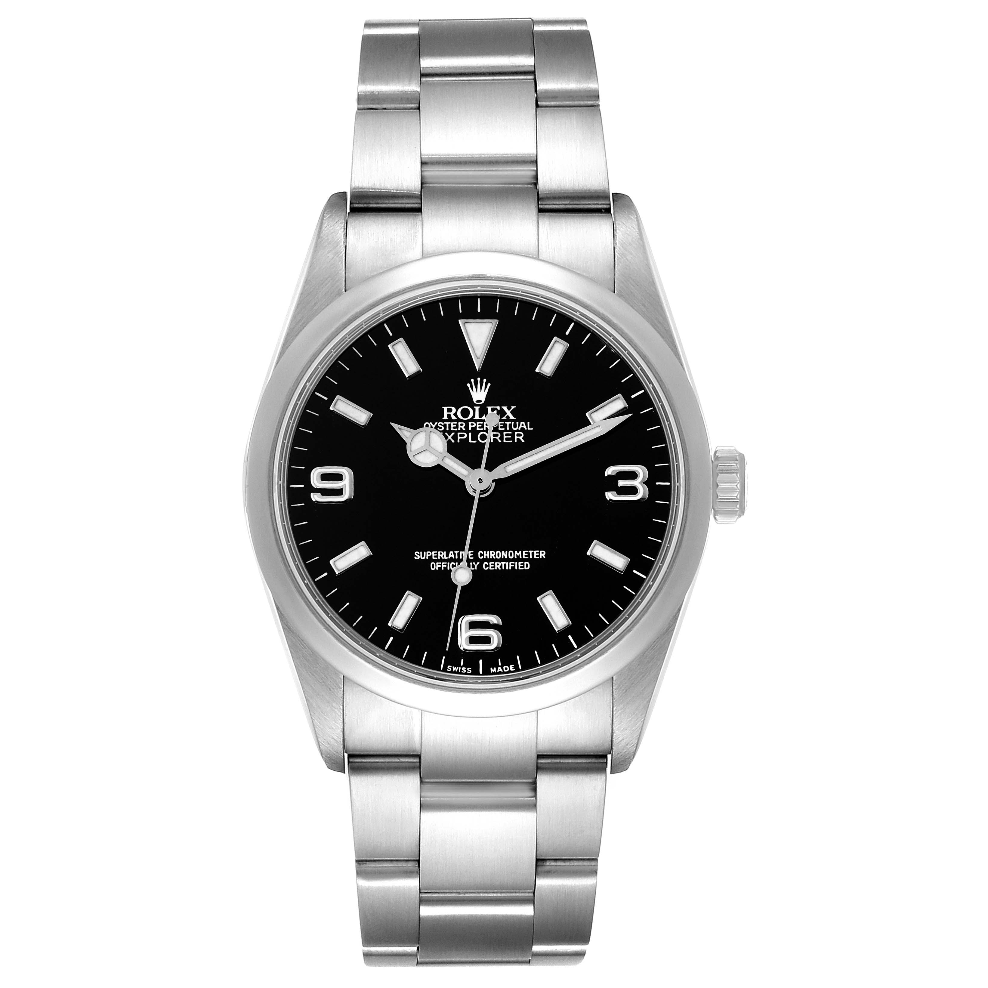 The image shows a front view of the Rolex Explorer 114270 Men's Stainless Steel Black Dial 114270 Men's Stainless Steel Black Dial, displaying the black dial, silver hands, and metal bracelet.
