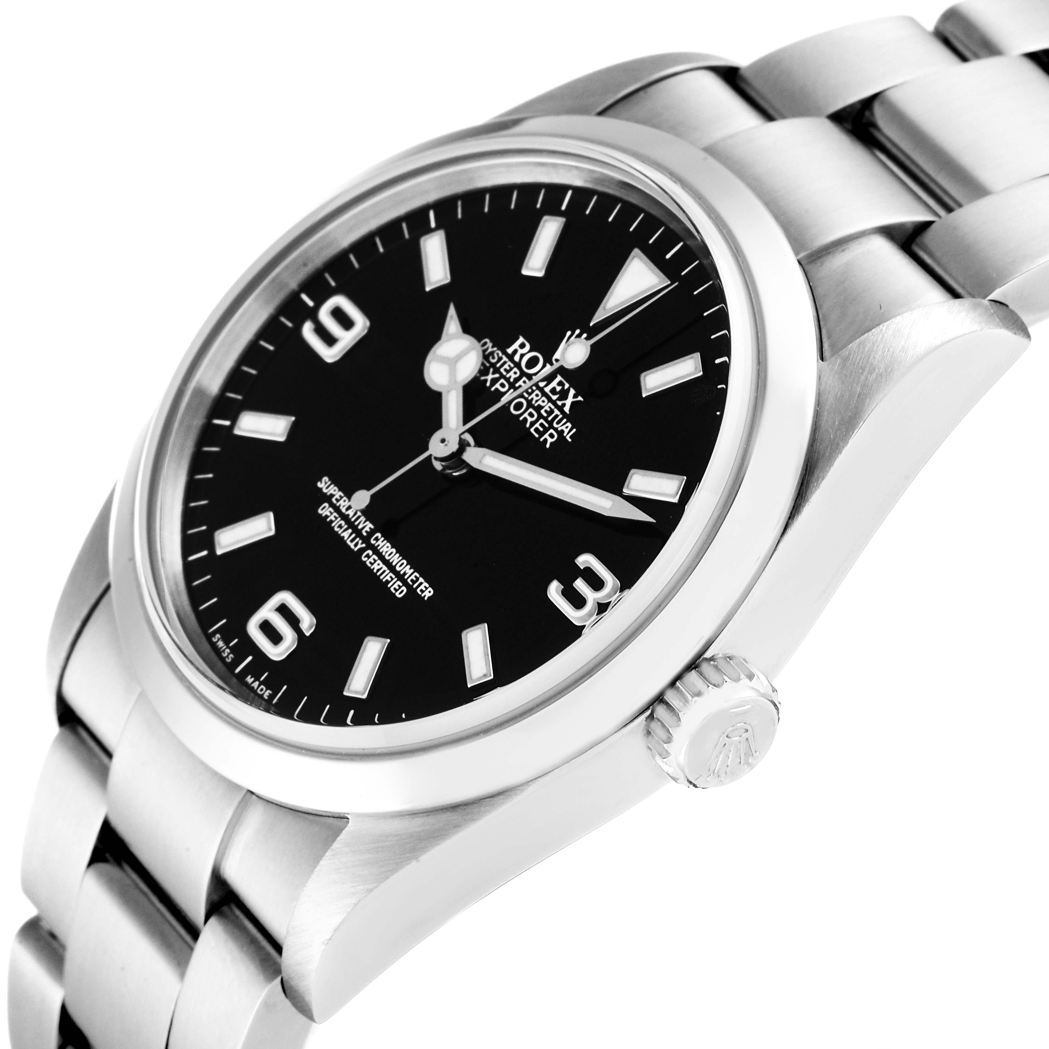 The image shows a close-up, angled view of a Rolex Explorer 114270 Men's Stainless Steel Black Dial 114270 Men's Stainless Steel Black Dial watch, highlighting the dial, crown, and part of the bracelet.