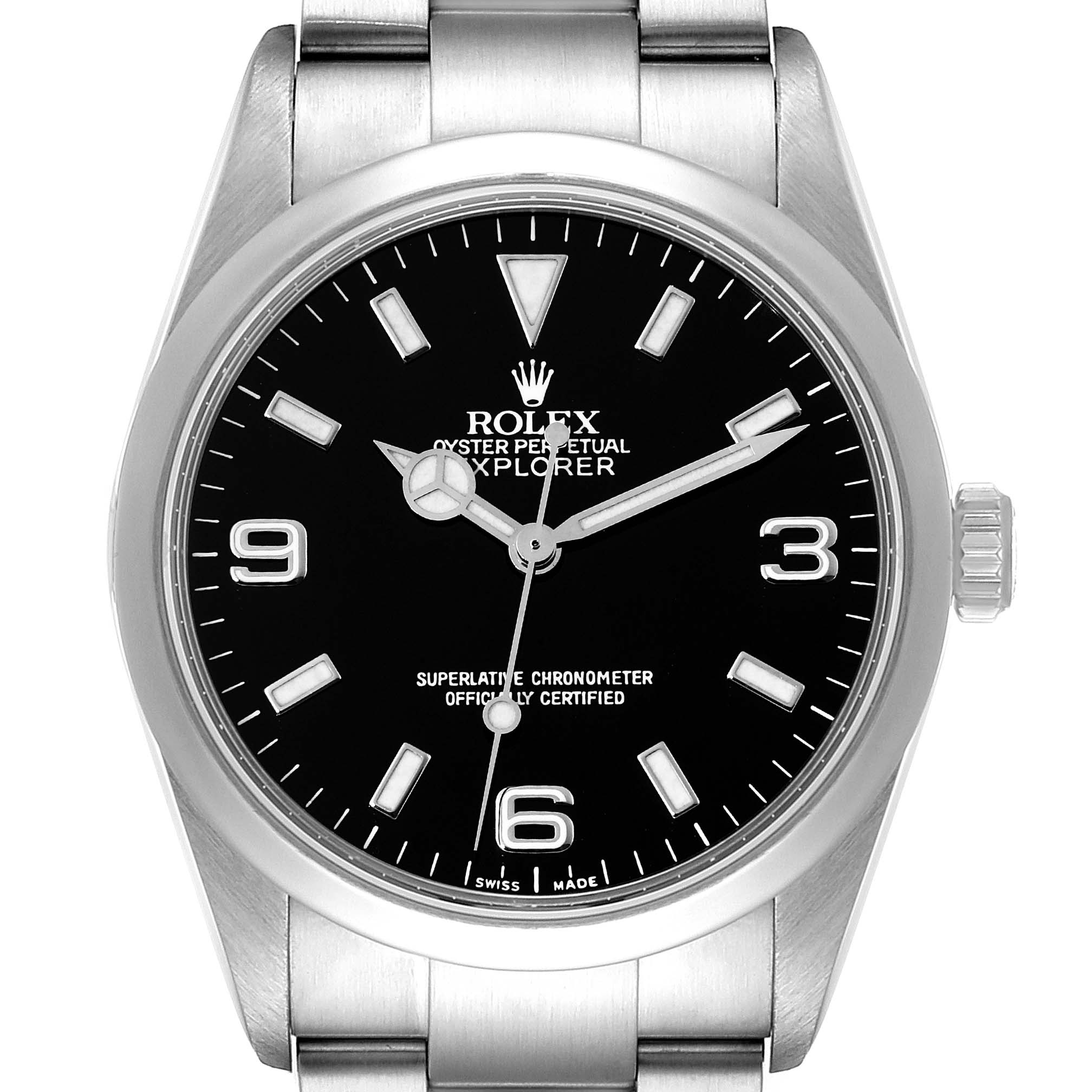 The image displays a front view of the Rolex Explorer 114270 Men's Stainless Steel Black Dial 114270 Men's Stainless Steel Black Dial watch, showing its black dial, hands, markers, and stainless steel bracelet.