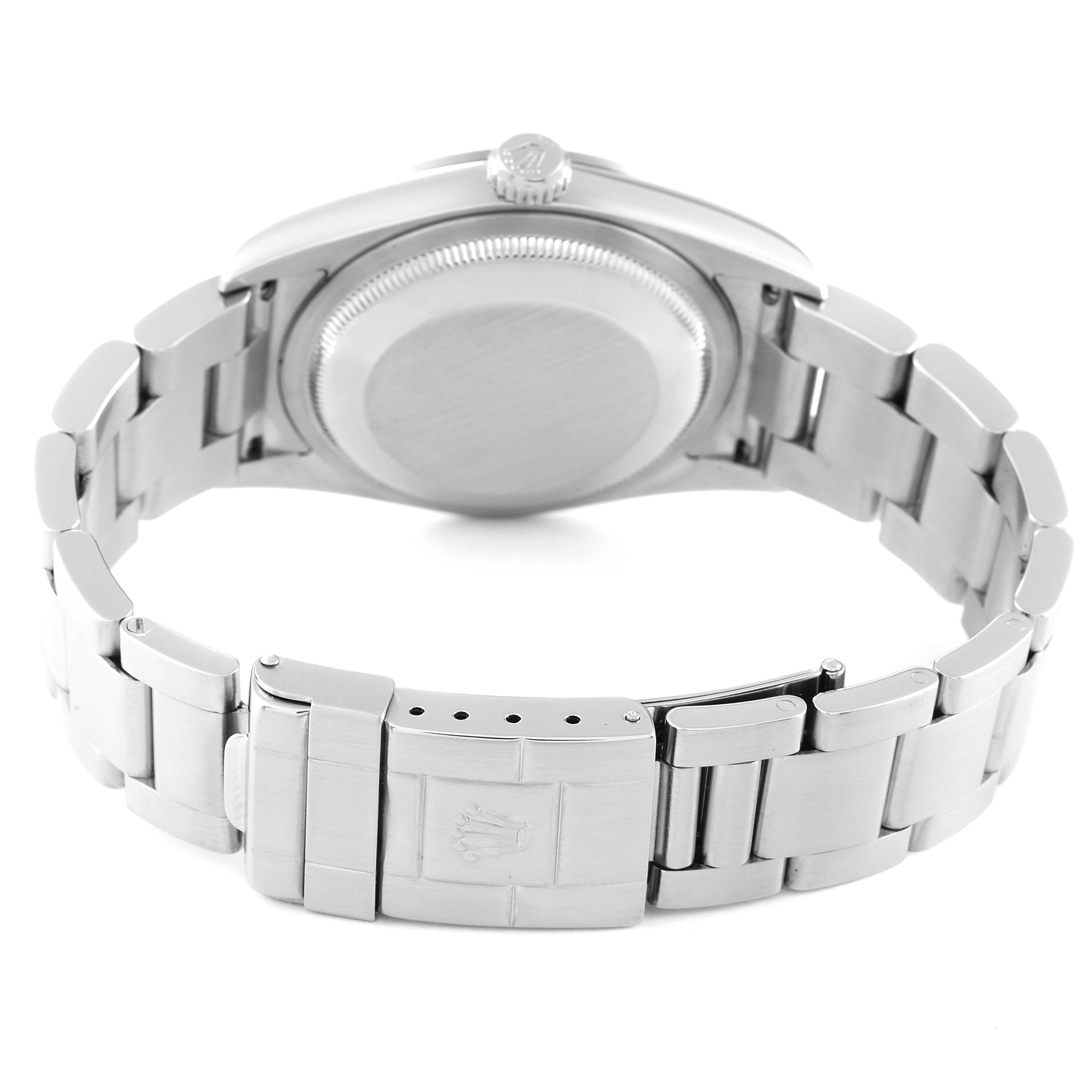 This image shows the back view of a Rolex Explorer 114270 Men's Stainless Steel Black Dial 114270 Men's Stainless Steel Black Dial watch, highlighting the case back, bracelet, and clasp.