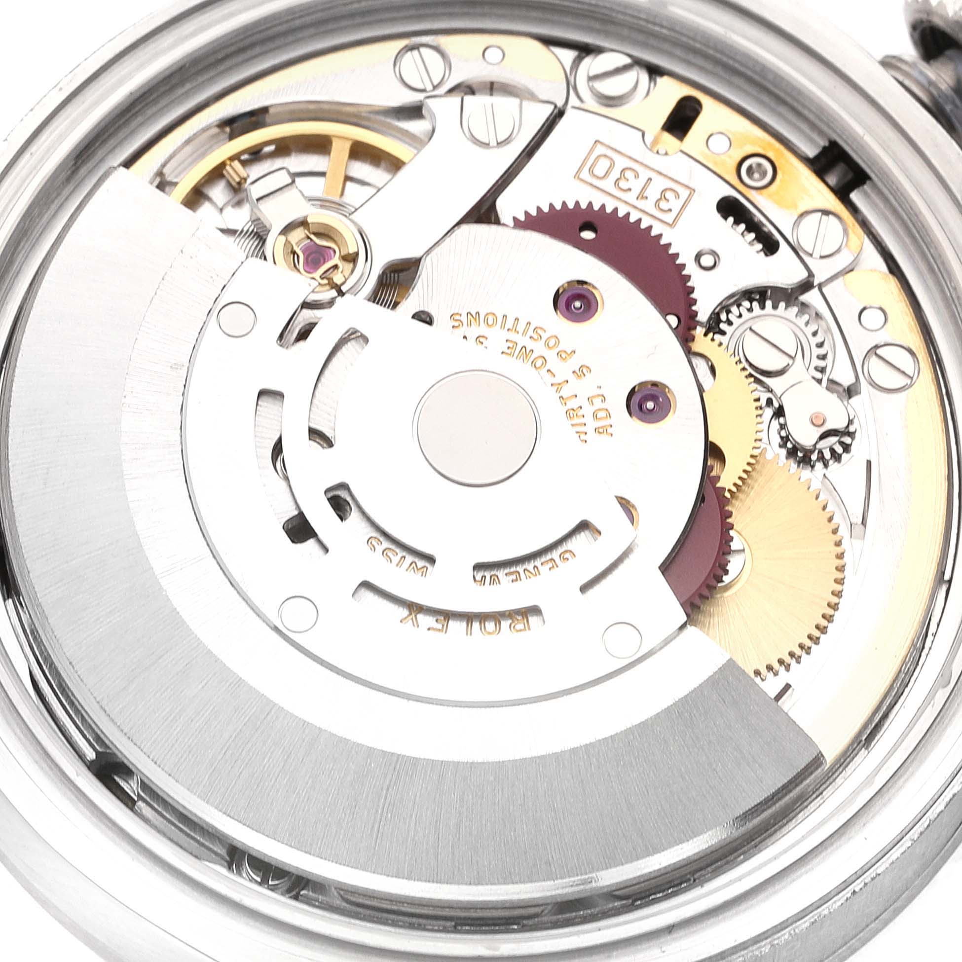 This image shows the movement mechanism of a Rolex Explorer 114270 Men's Stainless Steel Black Dial 114270 Men's Stainless Steel Black Dial watch from a top-down angle.