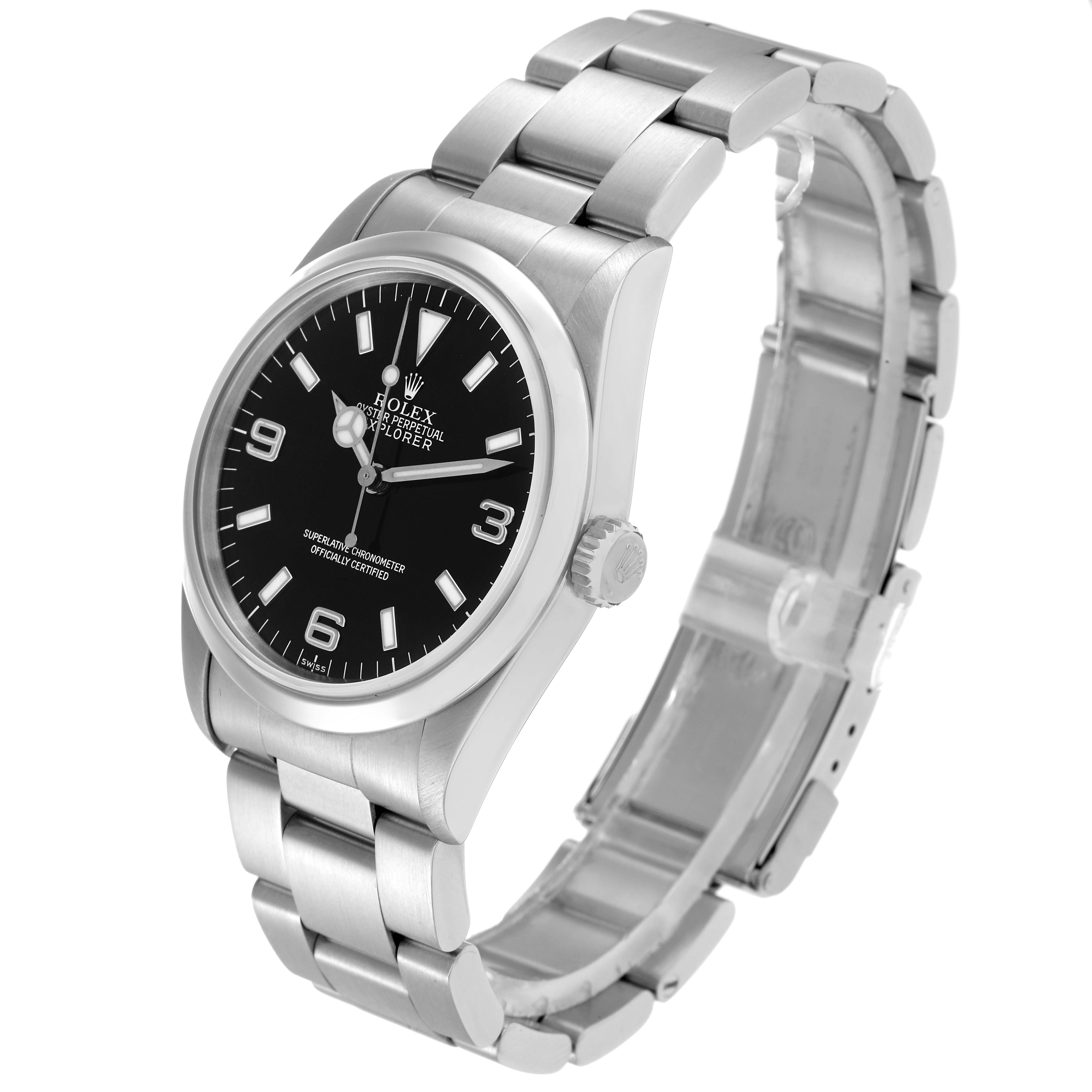 The Rolex Explorer 14270 Men
s Stainless Steel Black Dial is shown at a three-quarter angle, displaying its face, bezel, crown, and bracelet.