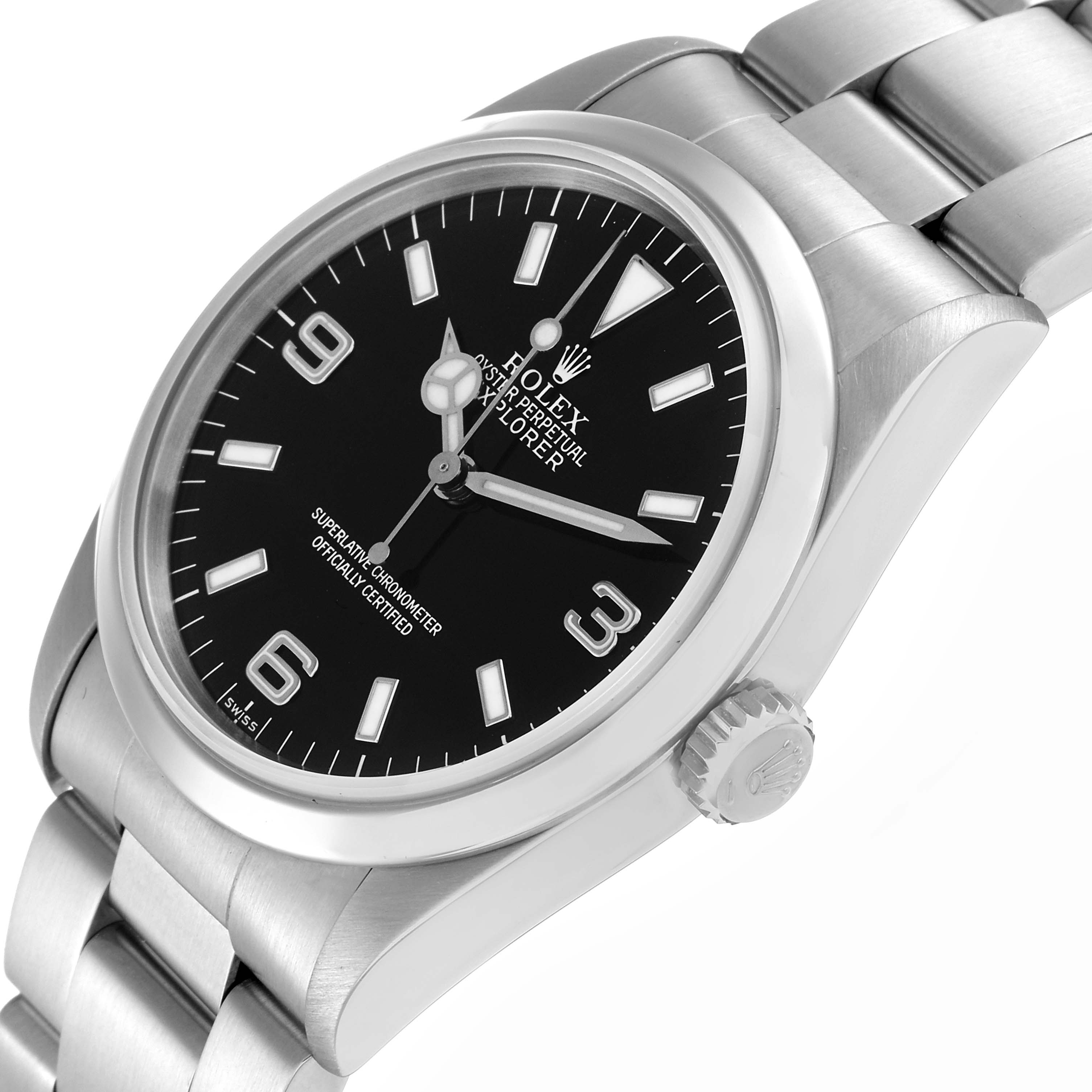 The Rolex Explorer 14270 Men
s Stainless Steel Black Dial watch is shown at a slight side angle, displaying the dial, crown, and part of the bracelet.