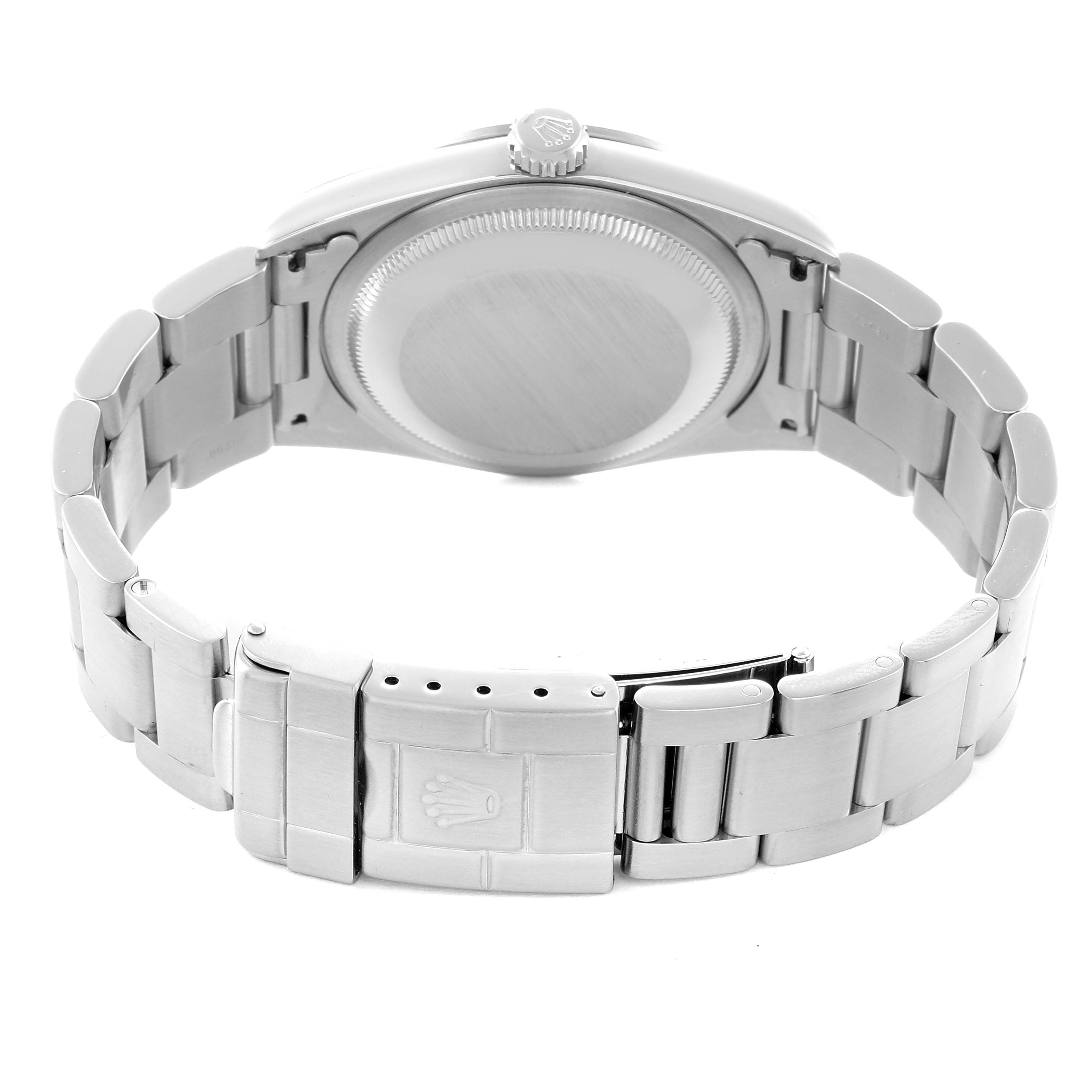 The image shows the back view of a Rolex Explorer 14270 Men
s Stainless Steel Black Dial watch, highlighting the case back, bracelet, and clasp.