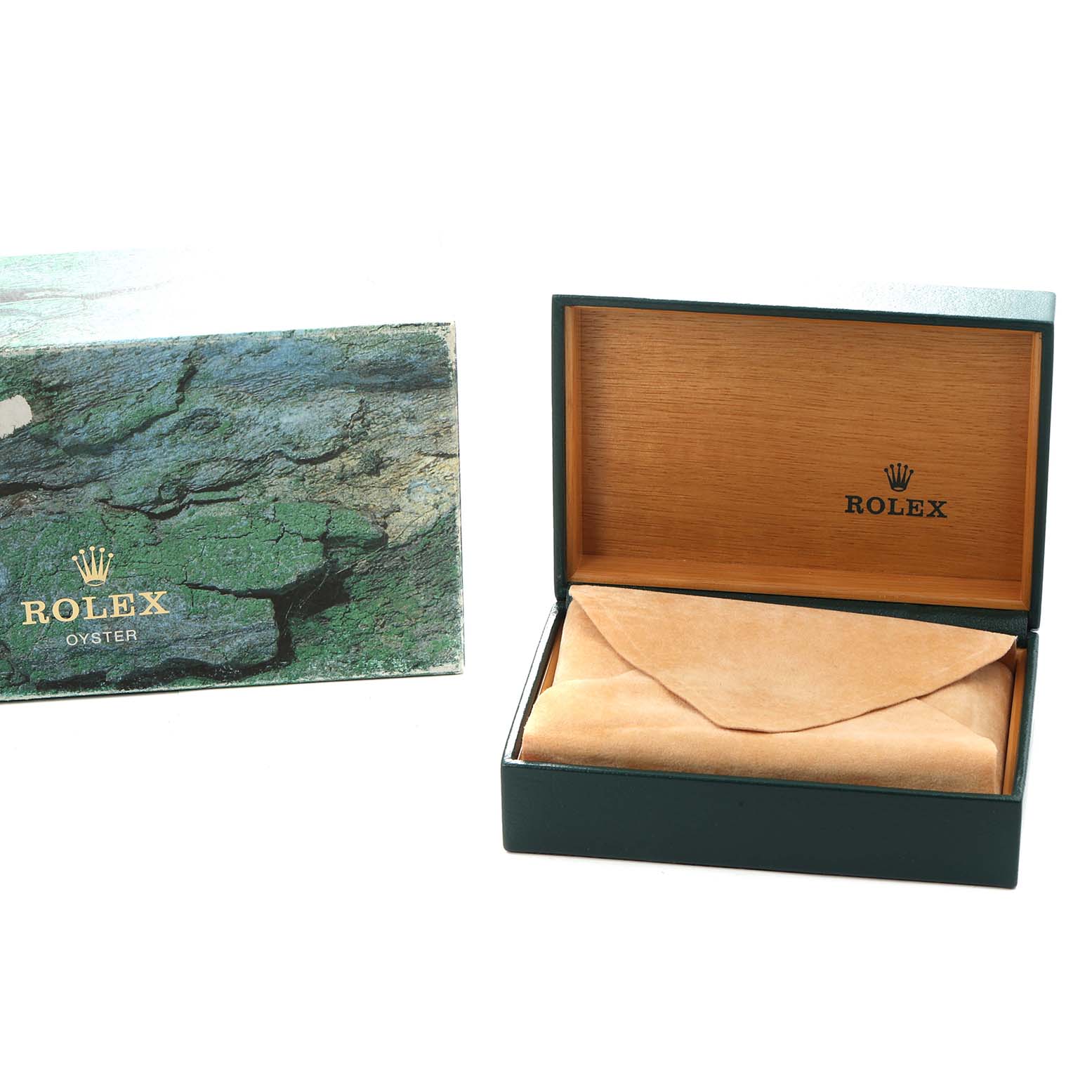 The image shows a Rolex Explorer 14270 Men
s Stainless Steel Black Dial box and packaging at an angle, displaying the interior with the watch cushion and outer box.