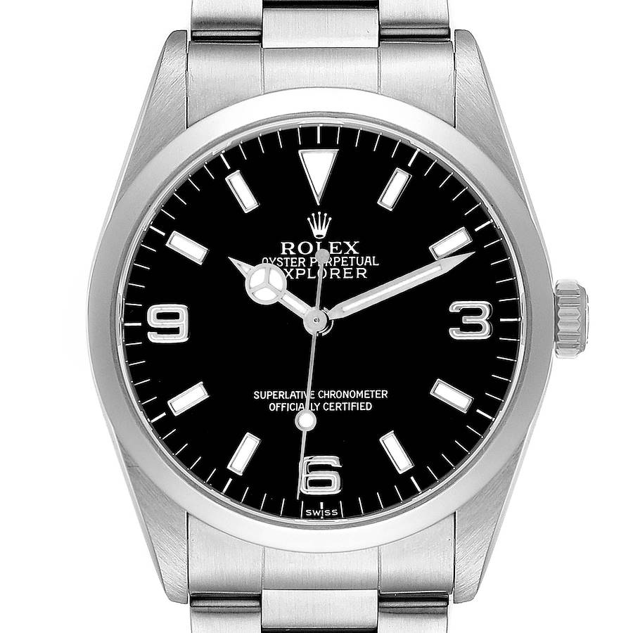 The image shows a front view of the Rolex Explorer men's watch, model number 14270, highlighting the dial, bezel, and part of the bracelet.