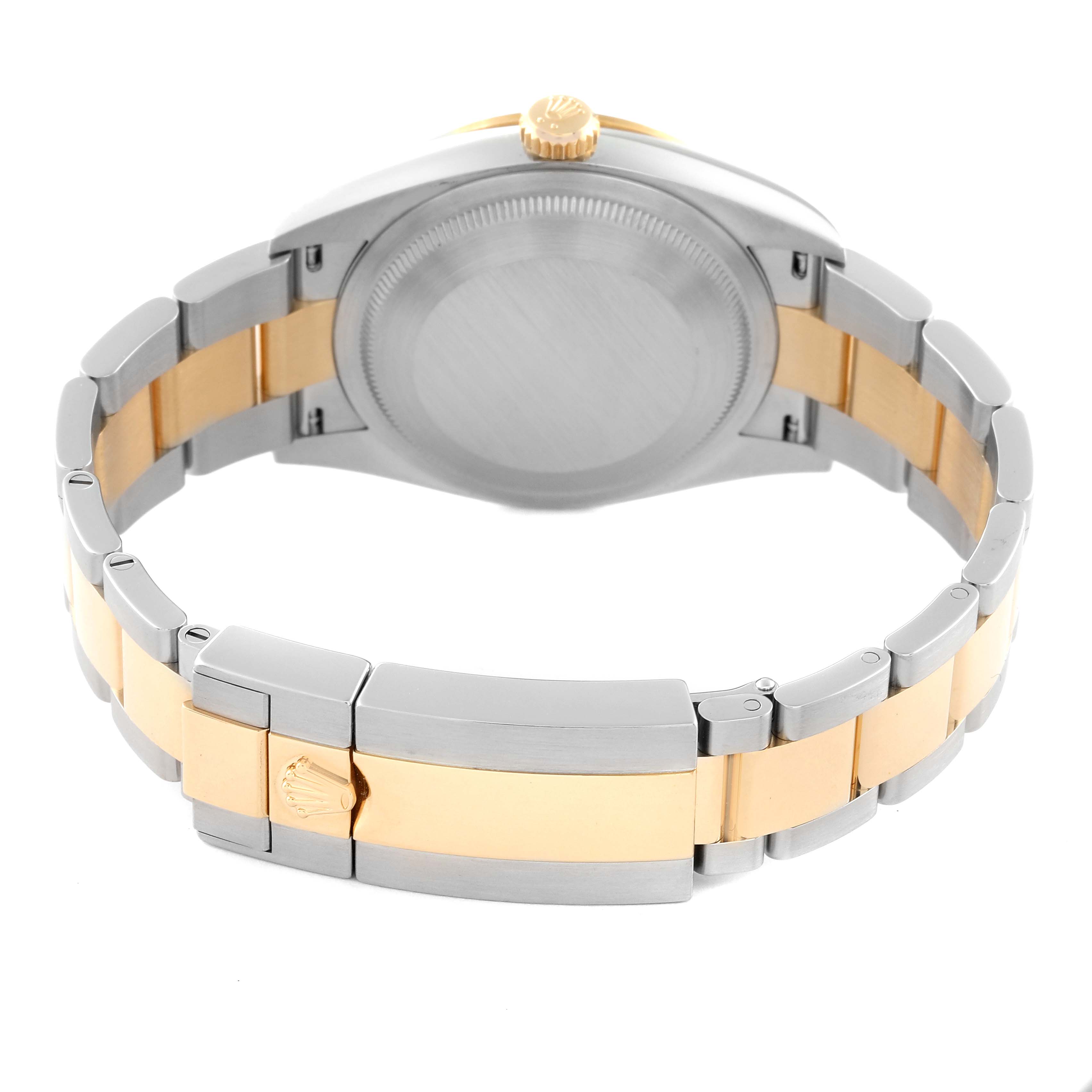 This image shows the back view of a Rolex Explorer 124273 Men
s Steel and Gold (two tone) Black Dial 124273 Men
s Steel and Gold (two tone) Black Dial watch, highlighting its case back and two-tone metal bracelet.