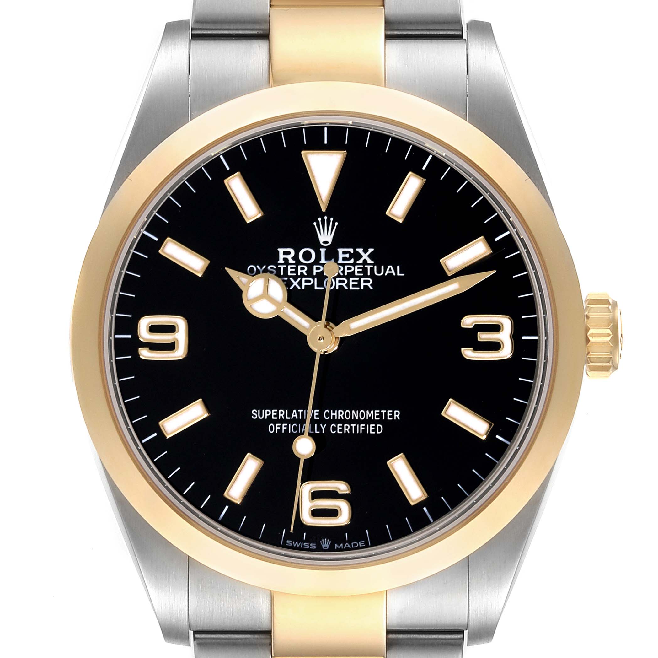 The image shows the face, bezel, crown, and part of the bracelet of the Rolex Explorer 124273 Men
s Steel and Gold (two tone) Black Dial 124273 Men
s Steel and Gold (two tone) Black Dial model watch.
