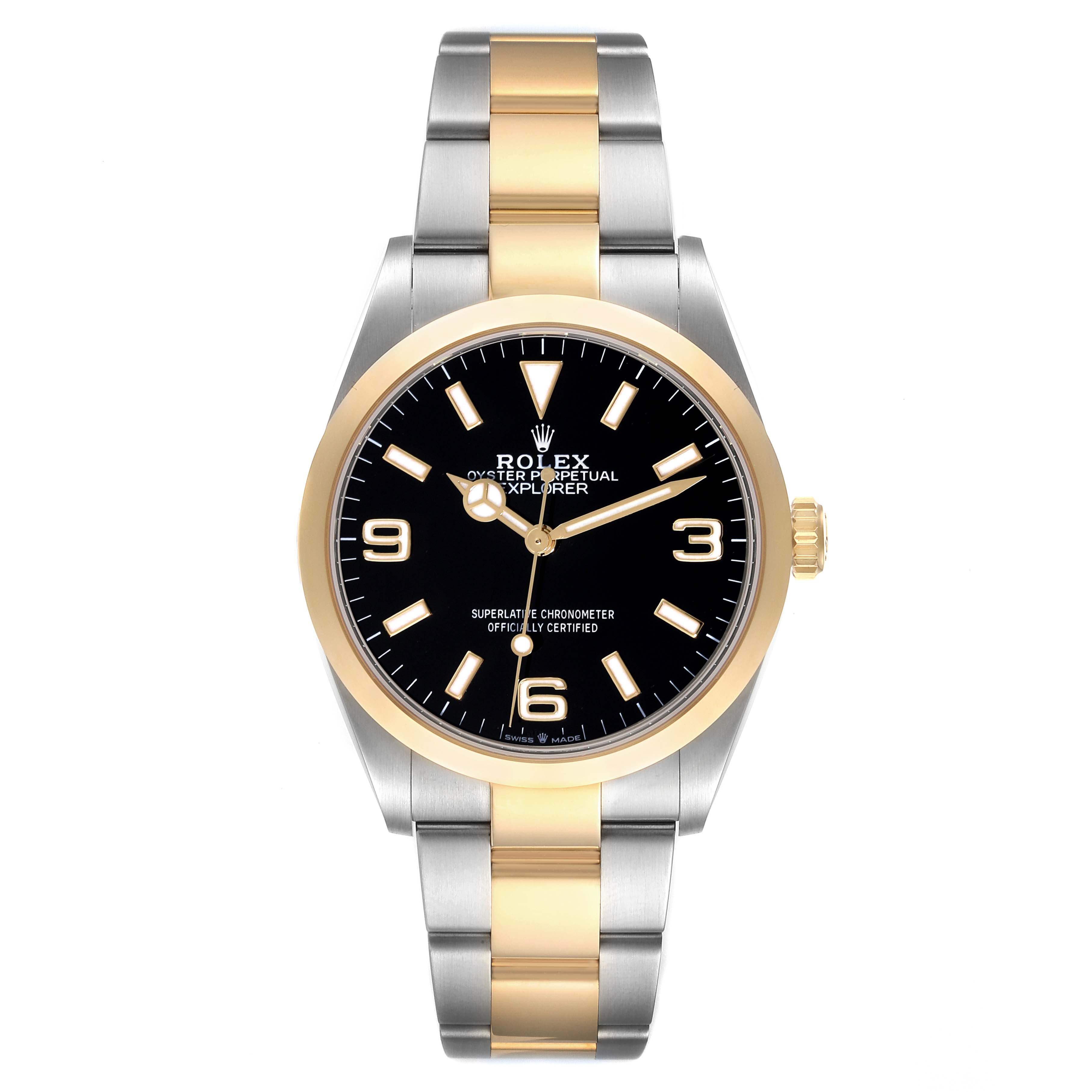 The Rolex Explorer 124273 Men
s Steel and Gold (two tone) Black Dial 124273 Men
s Steel and Gold (two tone) Black Dial watch is shown from a front angle, displaying its black dial, gold bezel, and two-tone bracelet.