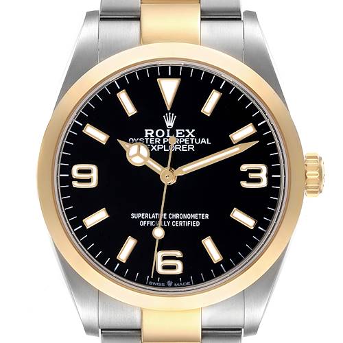 Photo of Rolex Explorer I Steel Yellow Gold Black Dial Mens Watch 124273 Box Card