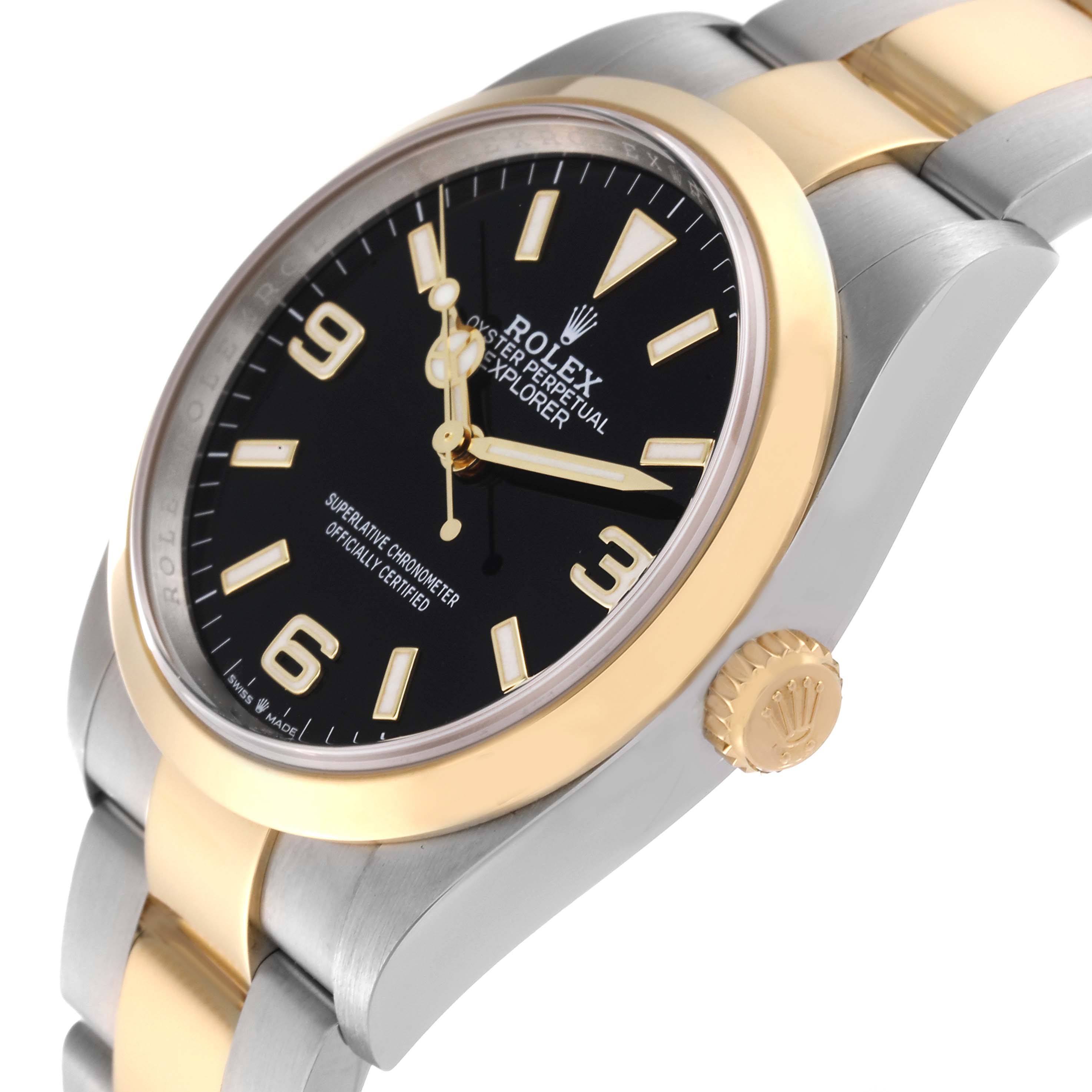 The Rolex Explorer 124273 Men
s Steel and Gold (two tone) Black Dial 124273 Men
s Steel and Gold (two tone) Black Dial model watch is shown at an angle displaying its black dial, gold bezel, and crown, along with its two-tone bracelet.