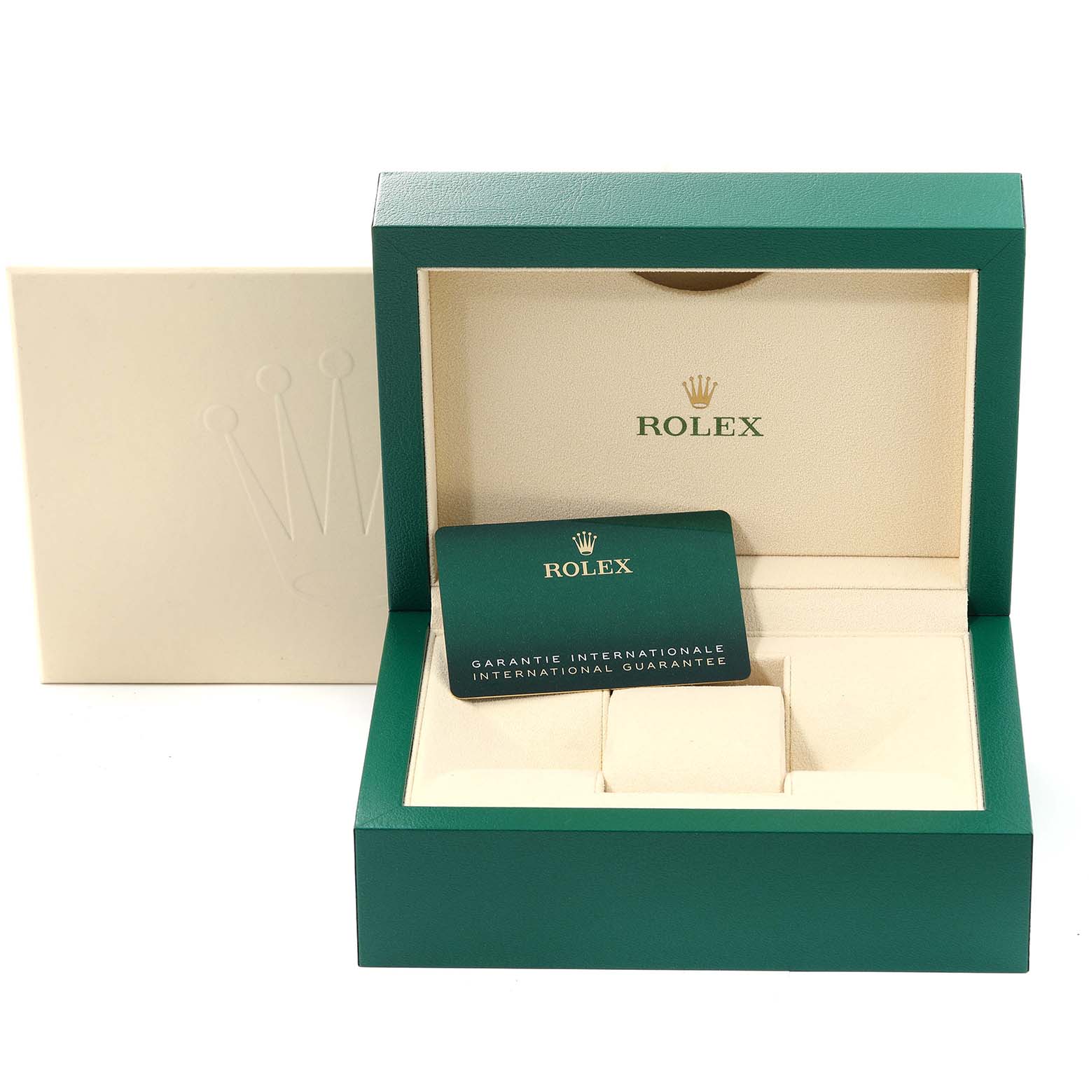 The image shows an open Rolex Explorer 124273 Men
s Steel and Gold (two tone) Black Dial 124273 Men
s Steel and Gold (two tone) Black Dial watch box with a guarantee card inside.