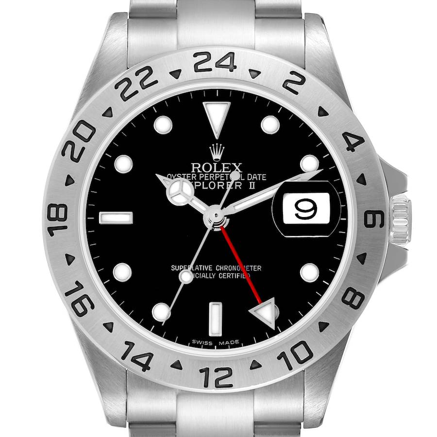 The Rolex Explorer II model 16570 is shown from the front, displaying its black dial, date window, and stainless steel bezel with engraved numerals.