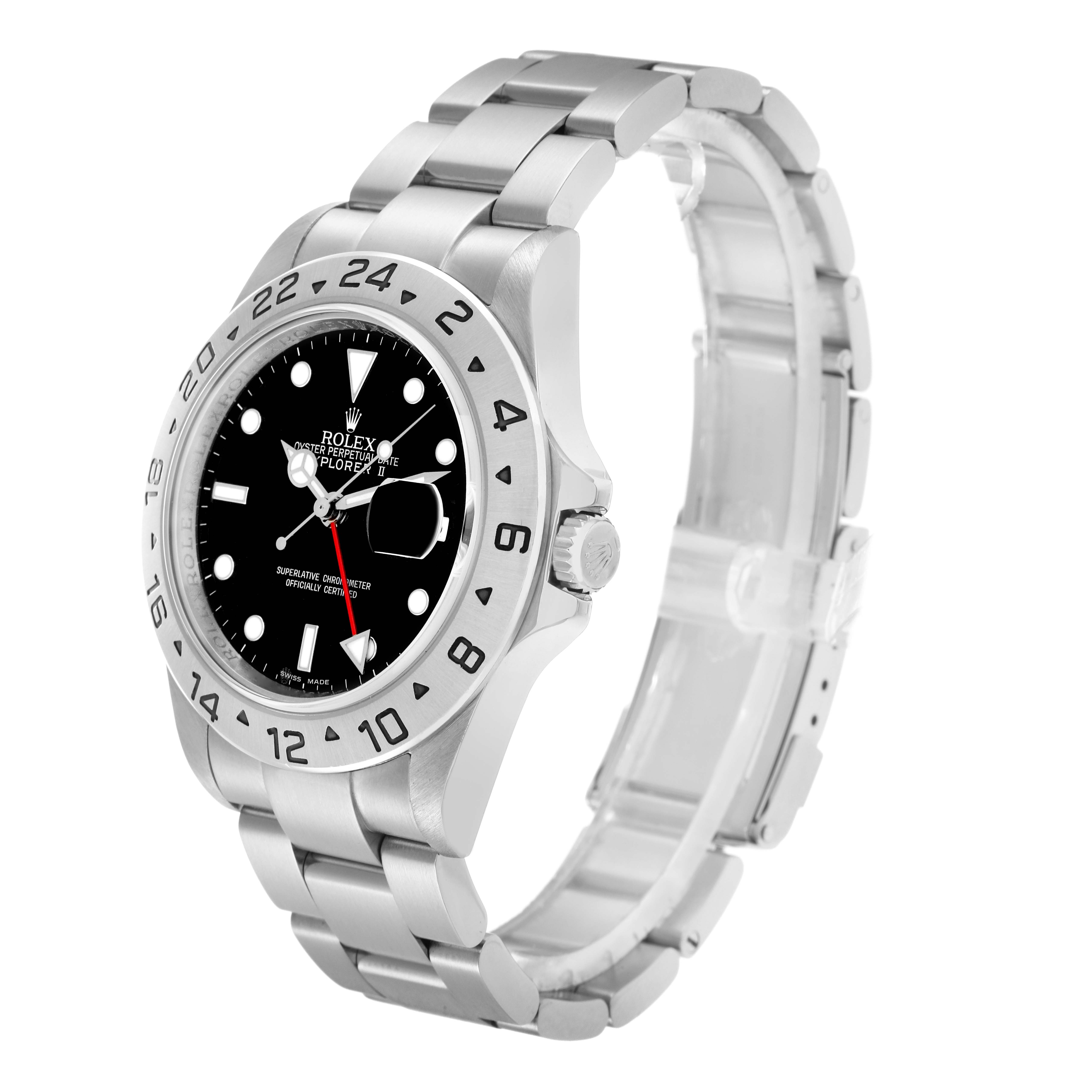 The Rolex Explorer 16570 Men
s Stainless Steel Black Dial watch is shown from a three-quarter view, highlighting the bezel, dial, crown, and bracelet.