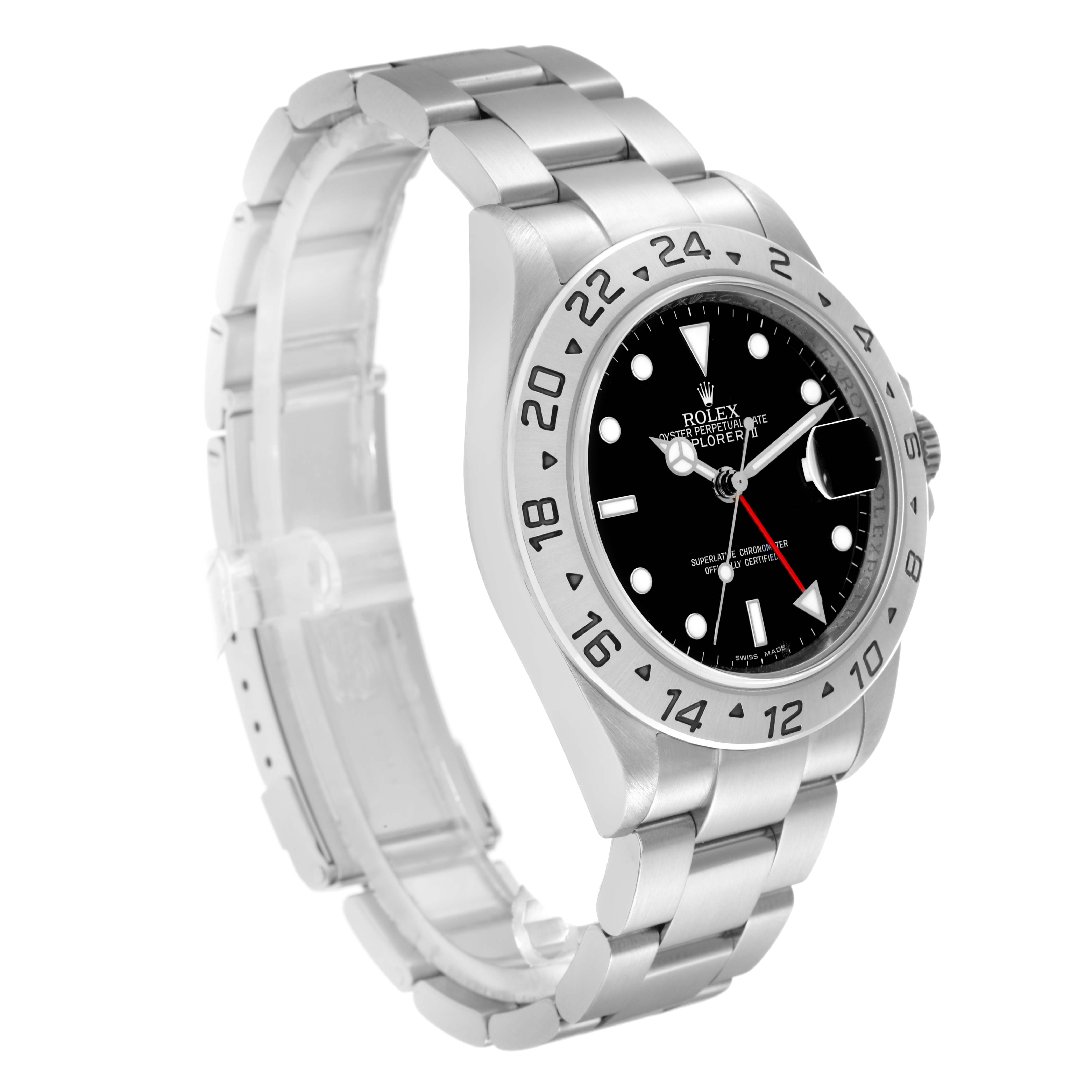 The Rolex Explorer 16570 Men
s Stainless Steel Black Dial watch is shown from a three-quarter angle, displaying the face, bezel, and part of the bracelet.