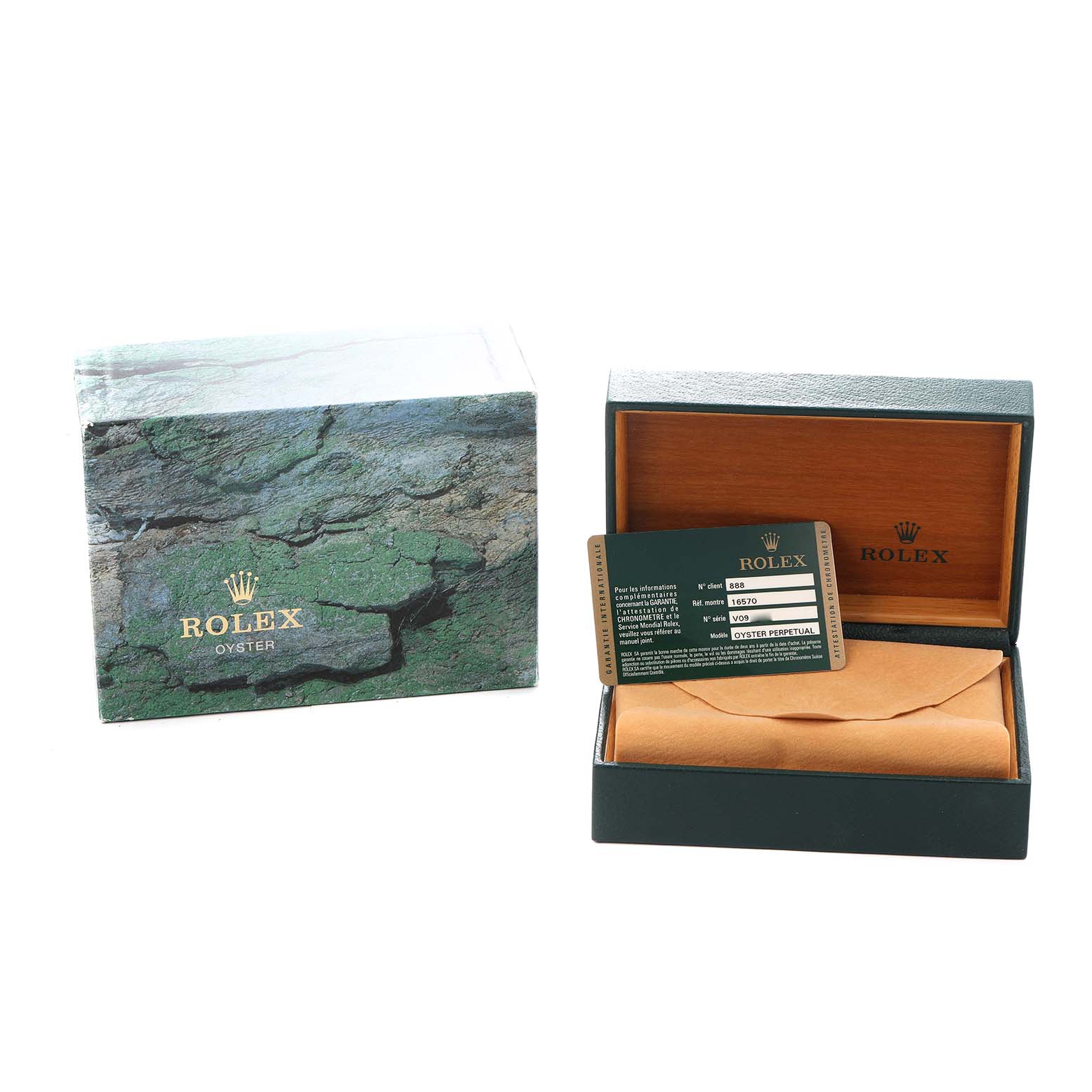 The image shows a Rolex Explorer 16570 Men
s Stainless Steel Black Dial packaging, including a closed box and an open box with a certificate.