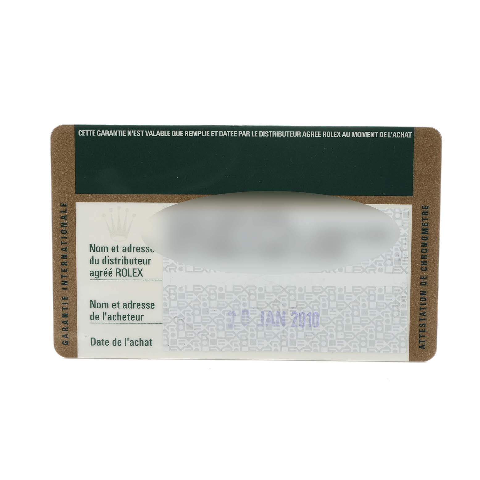 This image shows a Rolex Explorer 16570 Men
s Stainless Steel Black Dial warranty card, including purchase details and verification information.