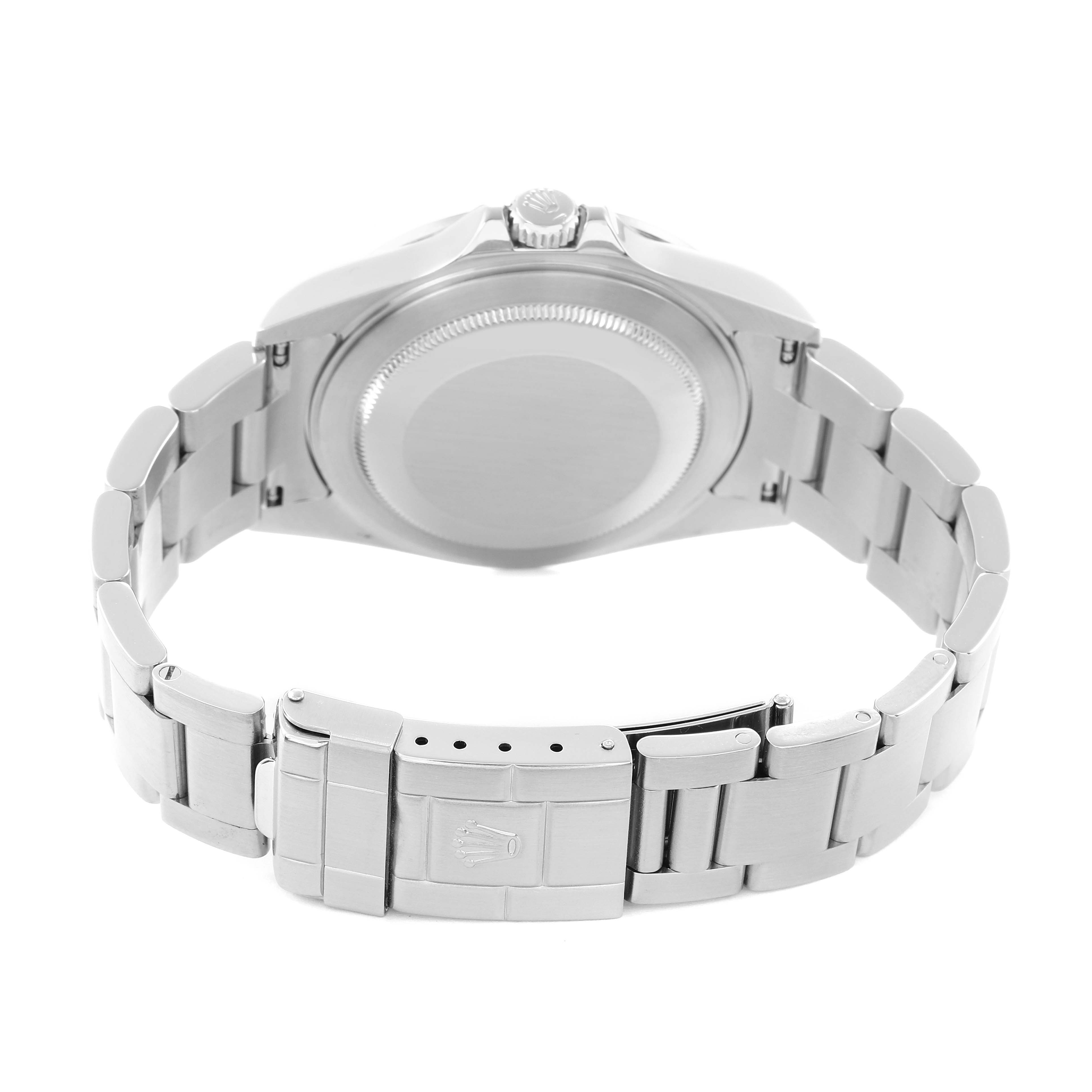 The image shows the back view of a Rolex Explorer 16570 Men
s Stainless Steel Black Dial watch, highlighting its clasp, bracelet, and case back.