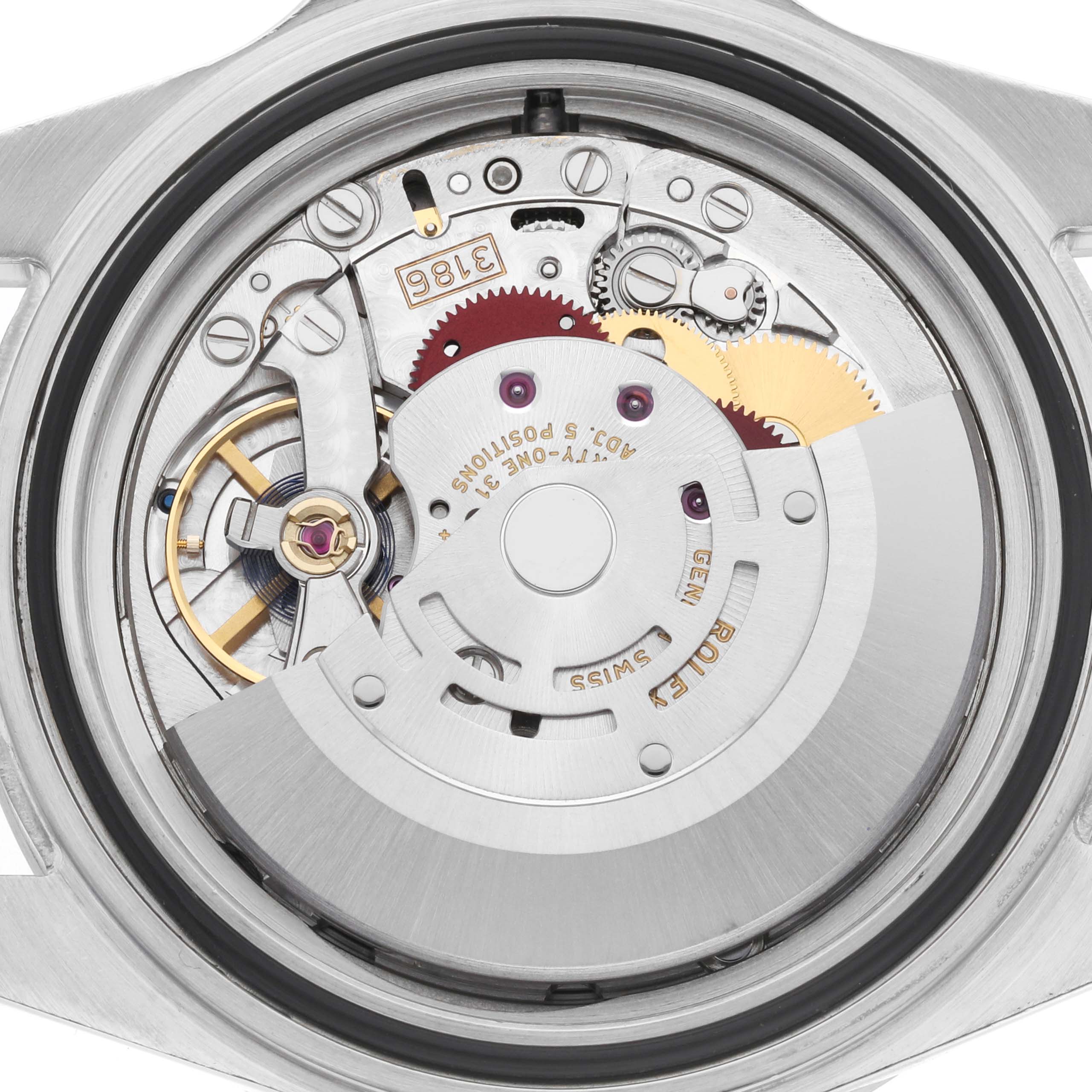 The image shows the internal mechanics of a Rolex Explorer 16570 Men
s Stainless Steel Black Dial watch, highlighting gears and the rotor from a back angle.