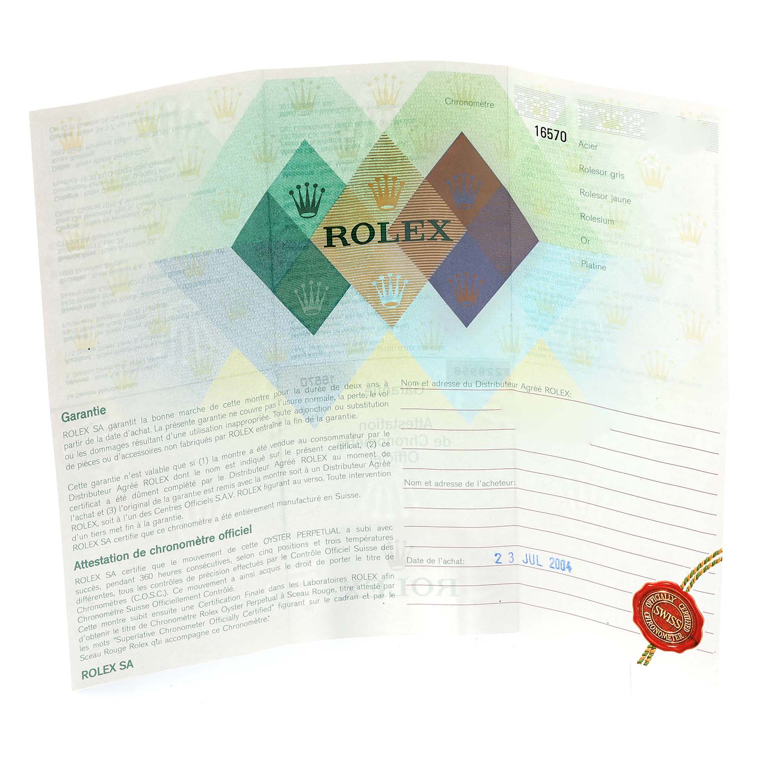 The image shows a certificate or warranty card for a Rolex Explorer 16570 Men's Stainless Steel Black Dial 16570 Men's Stainless Steel Black Dial watch, displaying branding and purchase details.