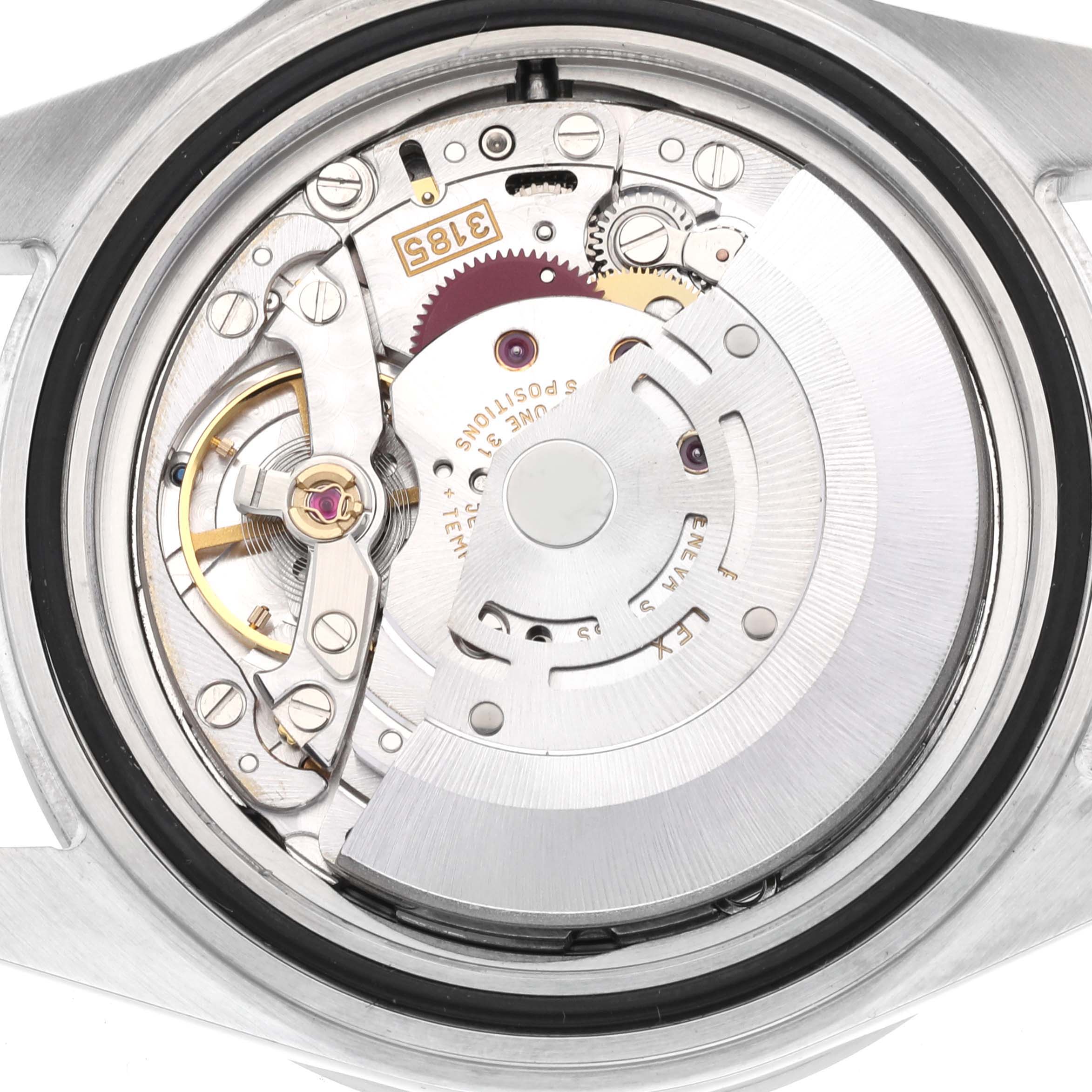 This is a close-up of the internal mechanism of a Rolex Explorer 16570 Men's Stainless Steel Black Dial 16570 Men's Stainless Steel Black Dial model watch, showing the gears and rotor.