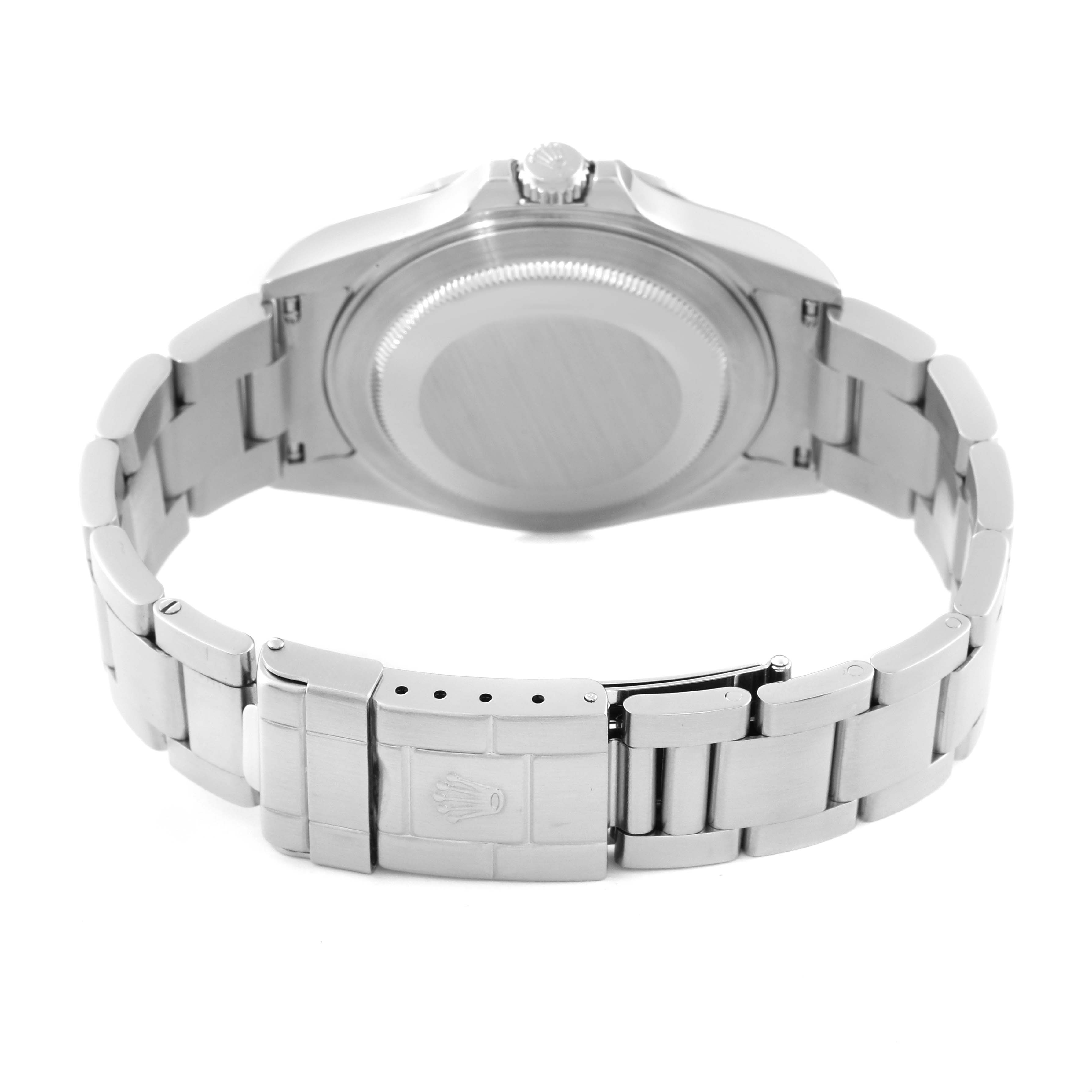 This image shows the back view of a Rolex Explorer 16570 Men's Stainless Steel Black Dial 16570 Men's Stainless Steel Black Dial watch, displaying the case back, crown, and stainless steel bracelet with the clasp.