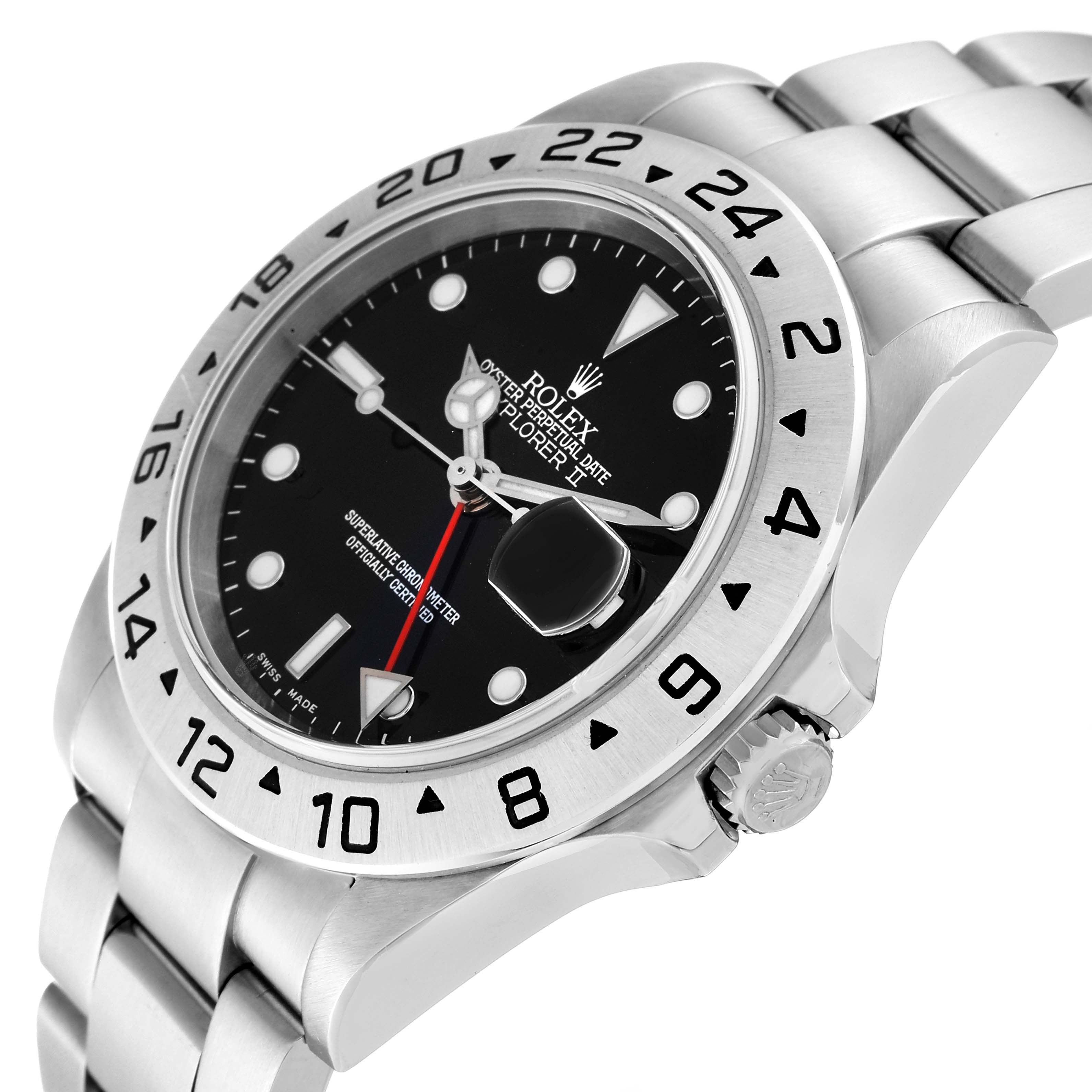 A close-up angle of the Rolex Explorer 16570 Men's Stainless Steel Black Dial 16570 Men's Stainless Steel Black Dial watch shows its bezel, black dial, hands, crown, and part of the bracelet.