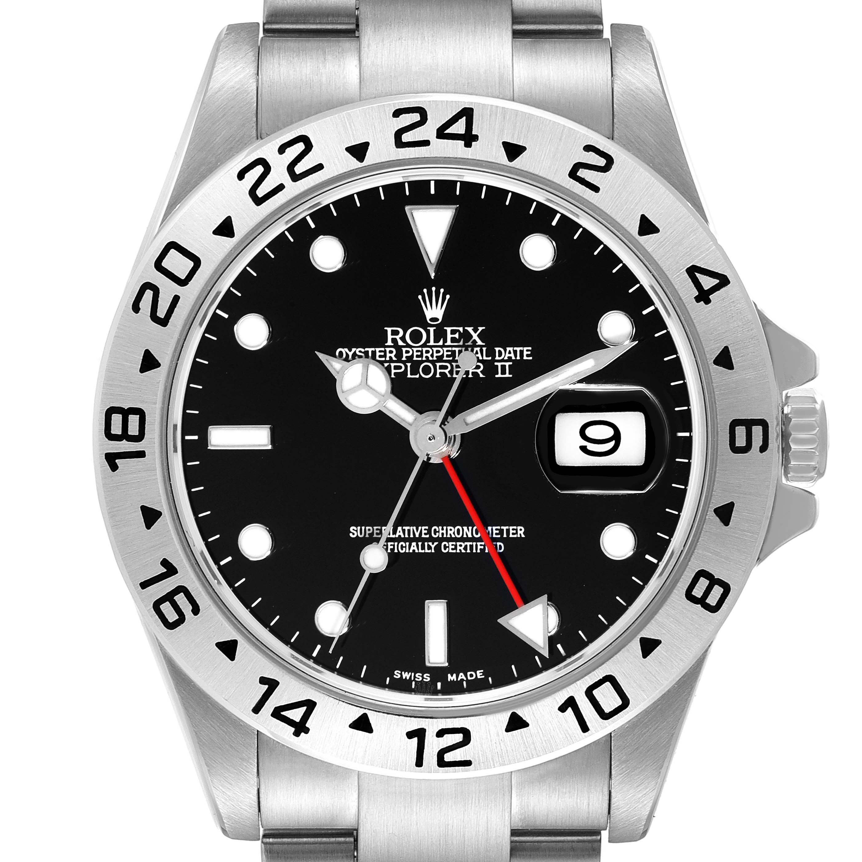 The image shows a front view of a Rolex Explorer 16570 Men's Stainless Steel Black Dial 16570 Men's Stainless Steel Black Dial watch, highlighting its face, bezel, and part of the bracelet.