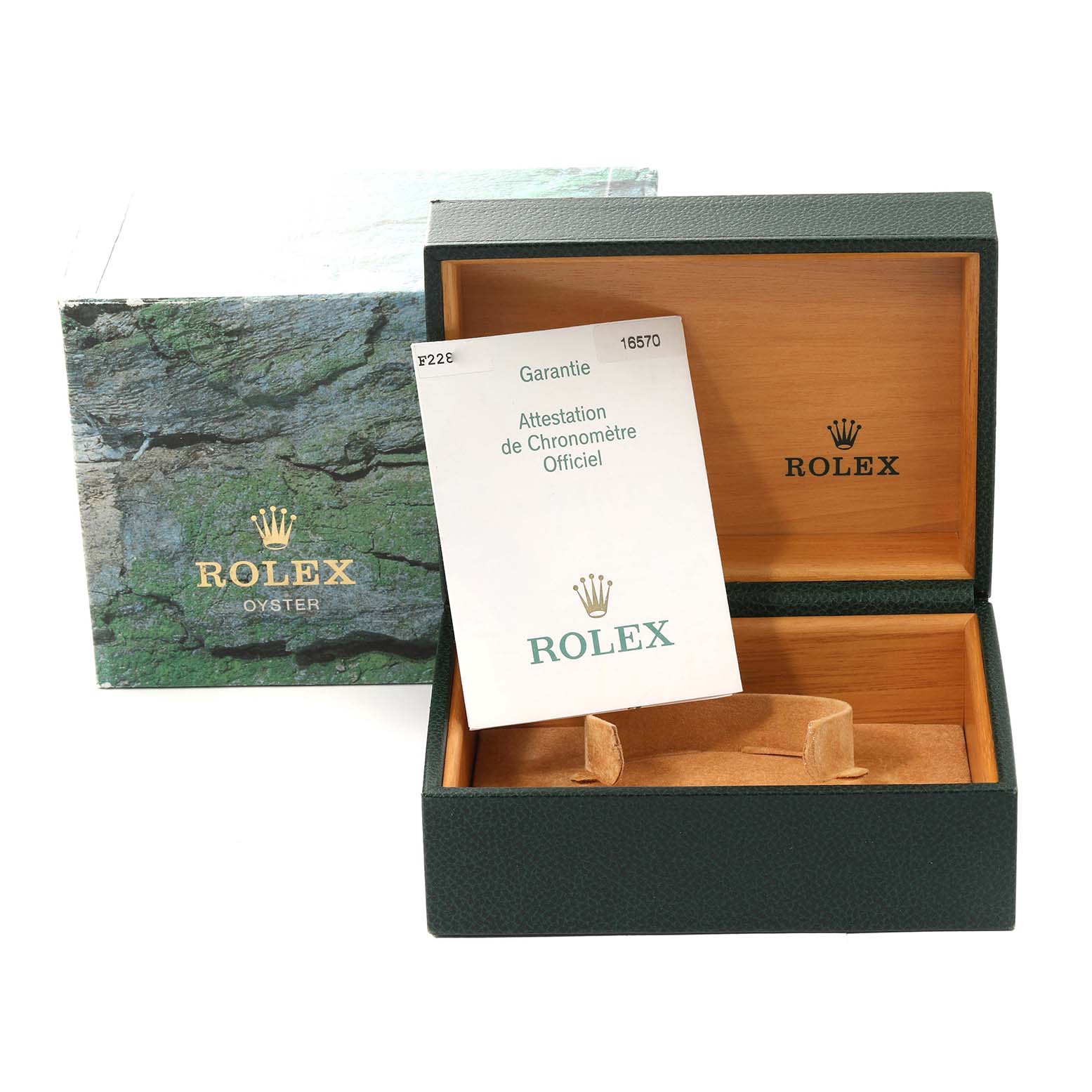The image shows the open box and warranty card for a Rolex Explorer 16570 Men's Stainless Steel Black Dial 16570 Men's Stainless Steel Black Dial watch.