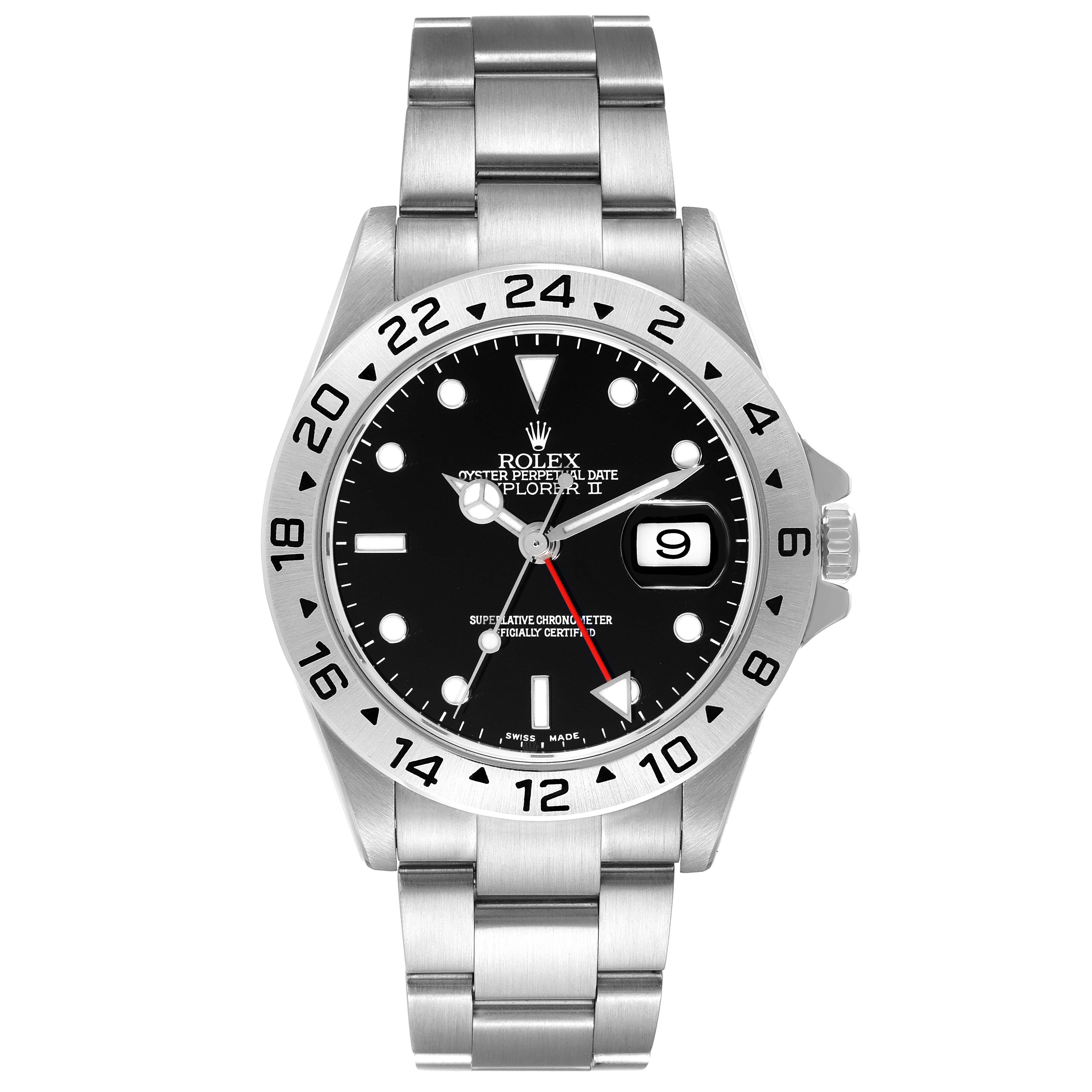 This image shows a frontal view of a Rolex Explorer 16570 Men's Stainless Steel Black Dial 16570 Men's Stainless Steel Black Dial with a stainless steel bracelet and a black dial with a date display.