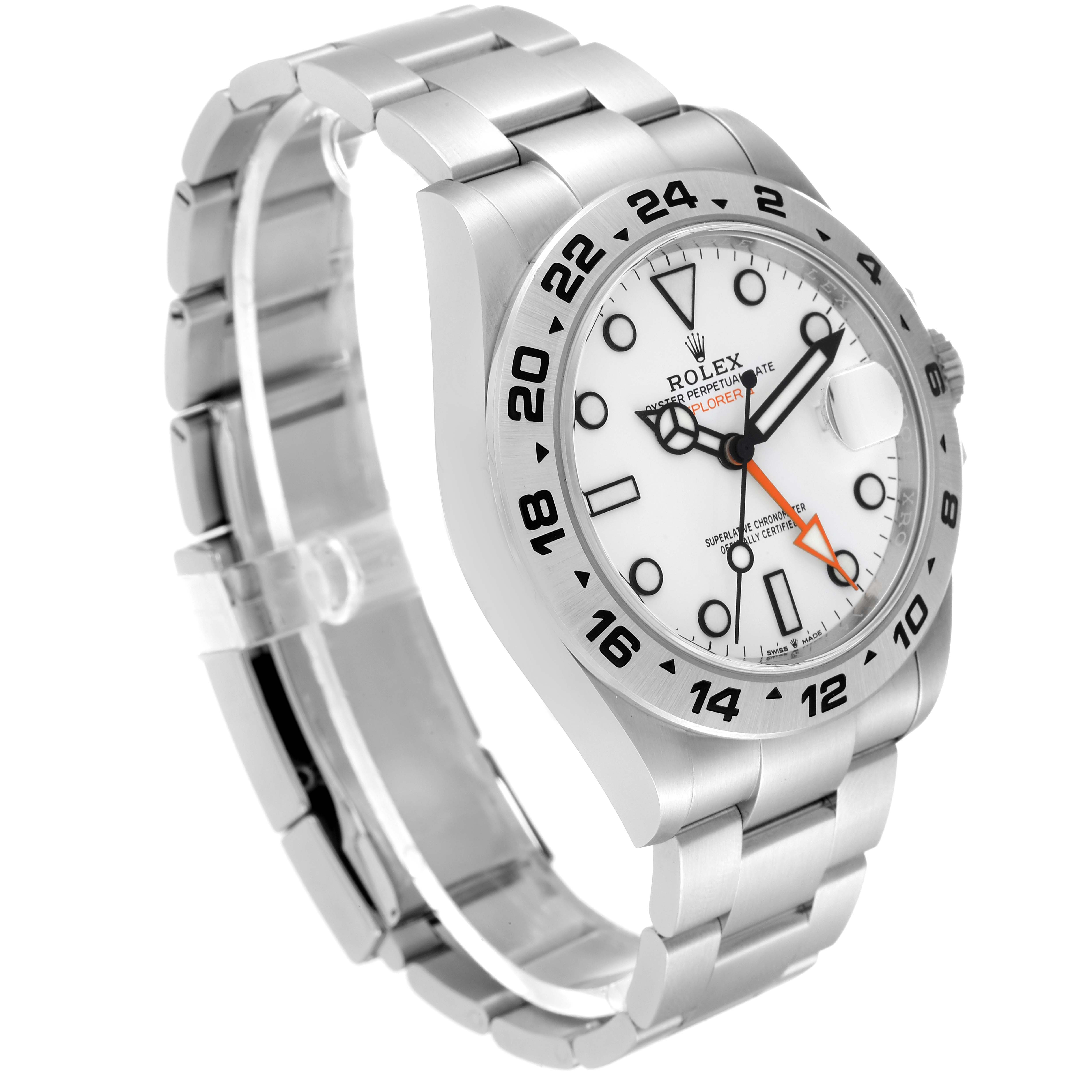 The Rolex Explorer 226570 Men
s Stainless Steel White Dial 226570 Men
s Stainless Steel White Dial watch is shown at a slight angle, detailing the face, bezel, and bracelet.