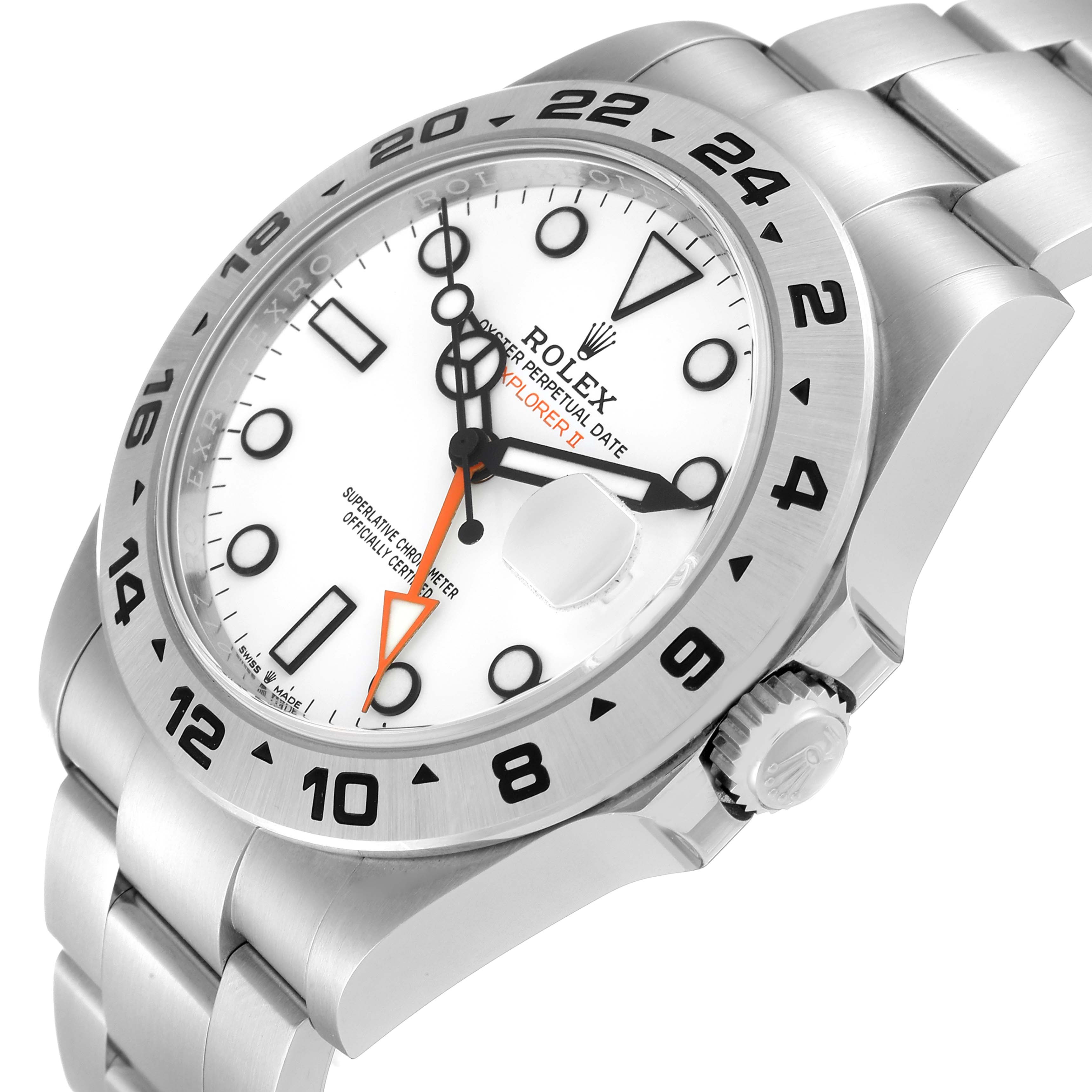 The image shows the Rolex Explorer 226570 Men
s Stainless Steel White Dial 226570 Men
s Stainless Steel White Dial model watch from an angled view, highlighting the dial, bezel, crown, and bracelet.