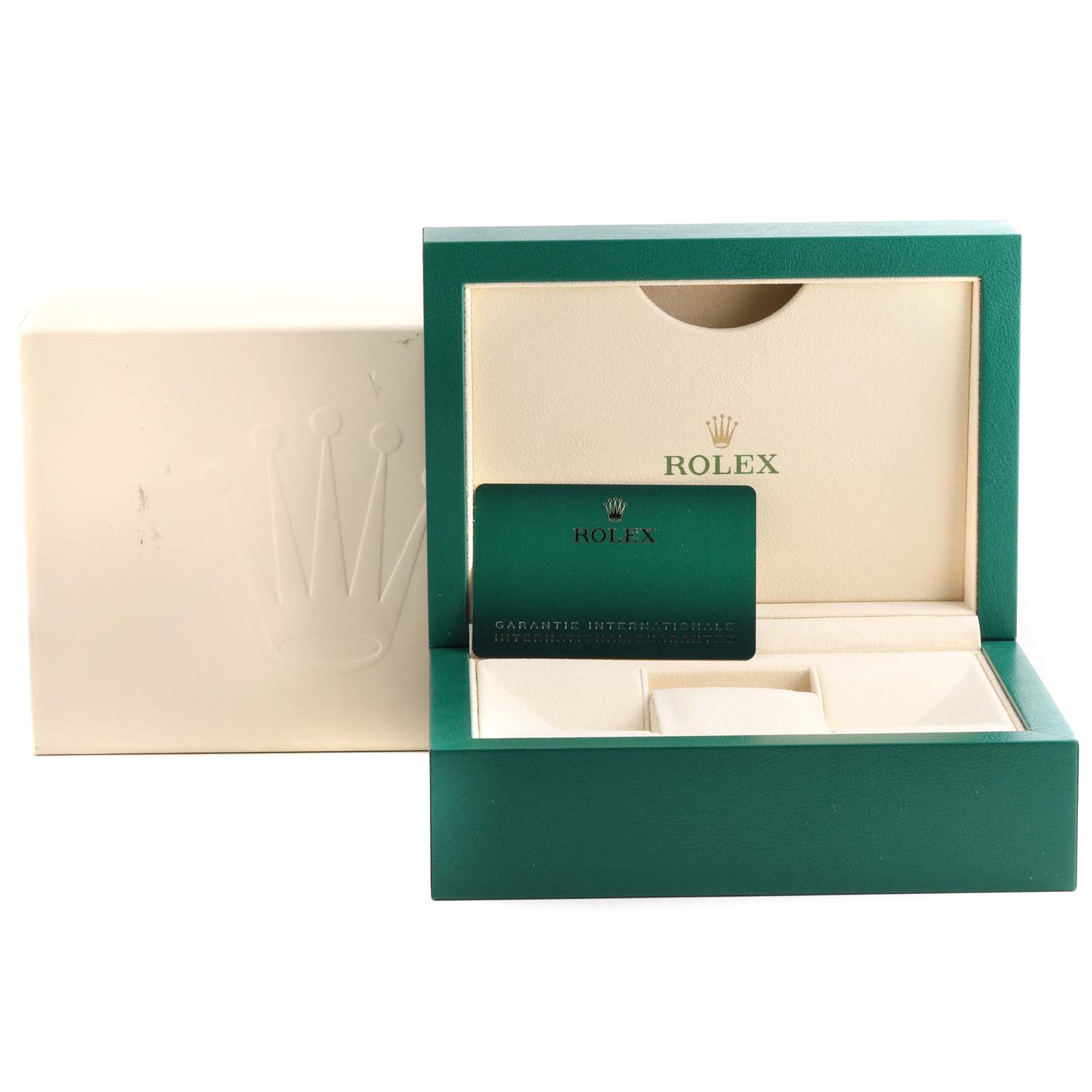 The image shows an open green and beige watch box with an international guarantee card for the Rolex Explorer 226570 Men
s Stainless Steel White Dial 226570 Men
s Stainless Steel White Dial model.