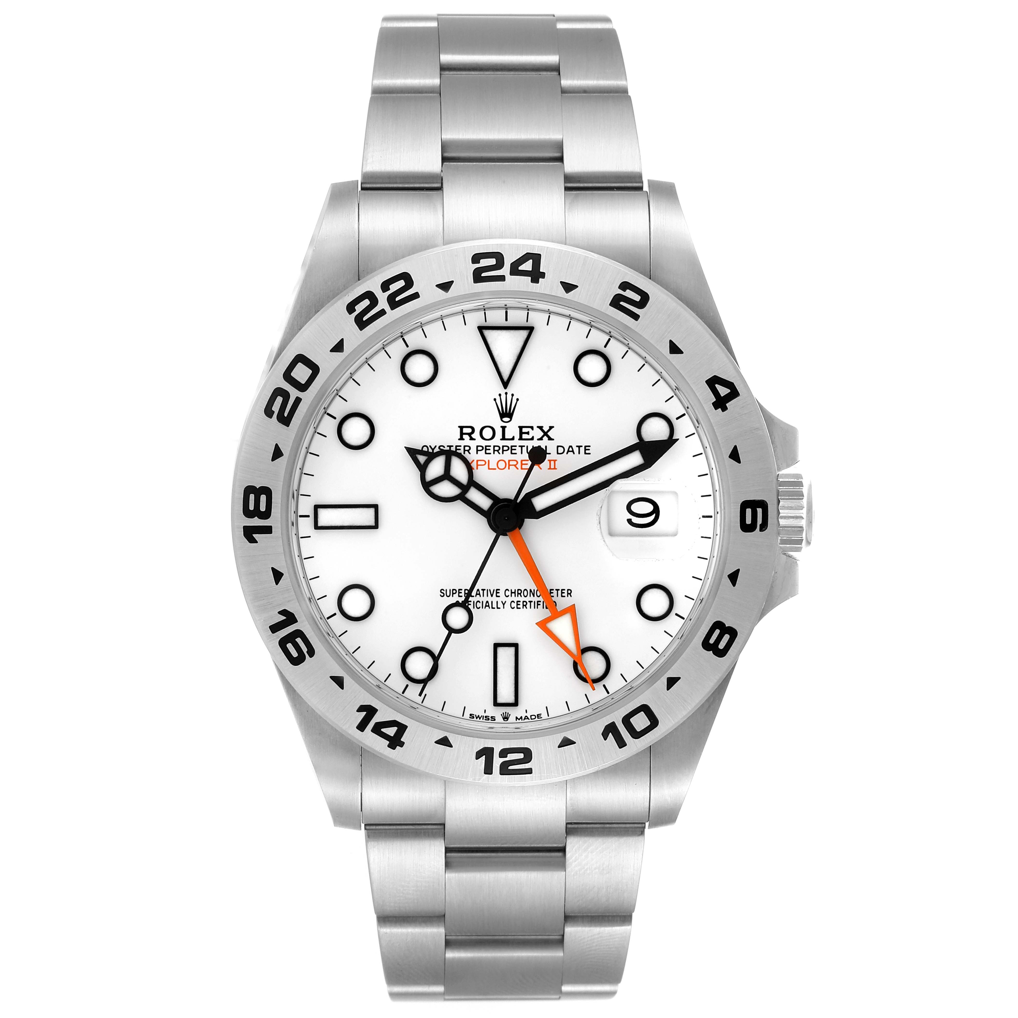 The image shows a front view of the Rolex Explorer 226570 Men
s Stainless Steel White Dial 226570 Men
s Stainless Steel White Dial watch, featuring its white dial, stainless steel bracelet, and bezel with 24-hour markings.