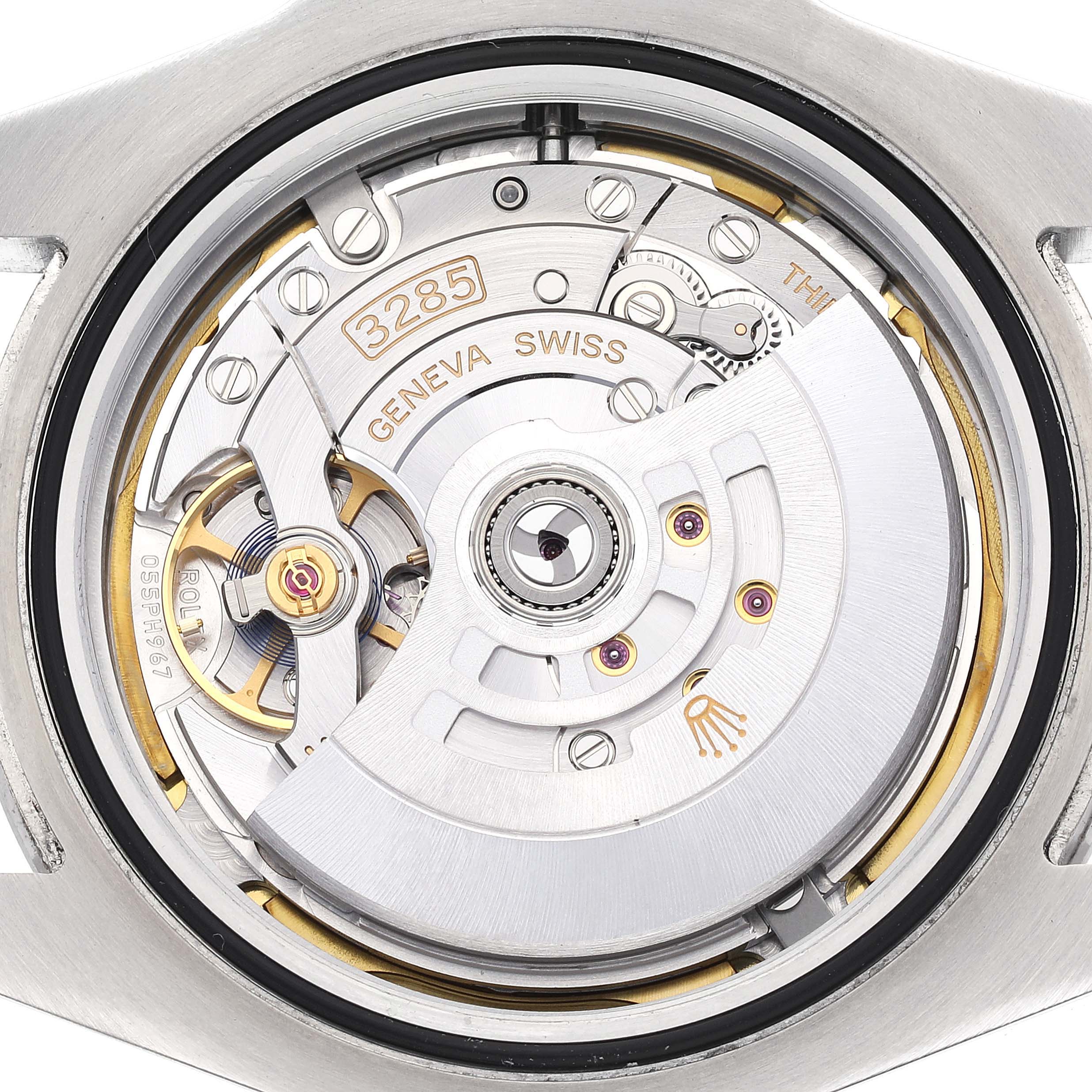 This image shows the movement mechanism of a Rolex Explorer 226570 Men
s Stainless Steel White Dial 226570 Men
s Stainless Steel White Dial model watch from a back or open-case angle.