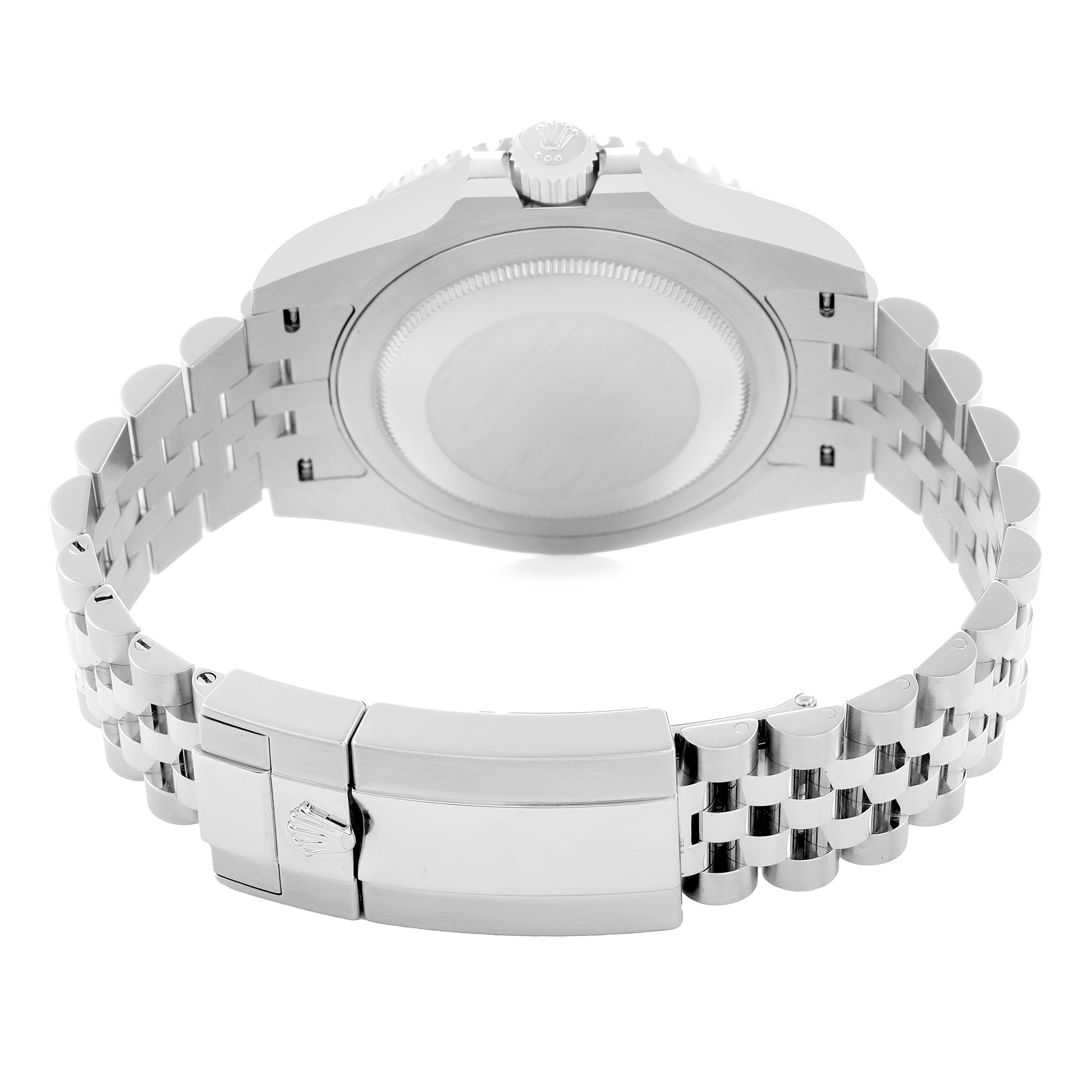 The image shows the back of a Rolex GMT-Master 126710 Men
s Stainless Steel Black Dial watch, including the case, bracelet, clasp, and crown, from a rear angle.