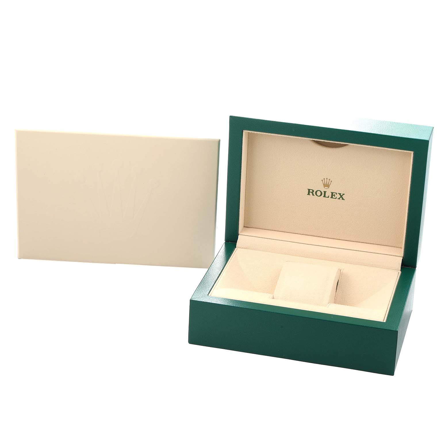 The image shows an open Rolex GMT-Master 126710 Men
s Stainless Steel Black Dial watch box at an angle with its beige interior and green exterior visible.