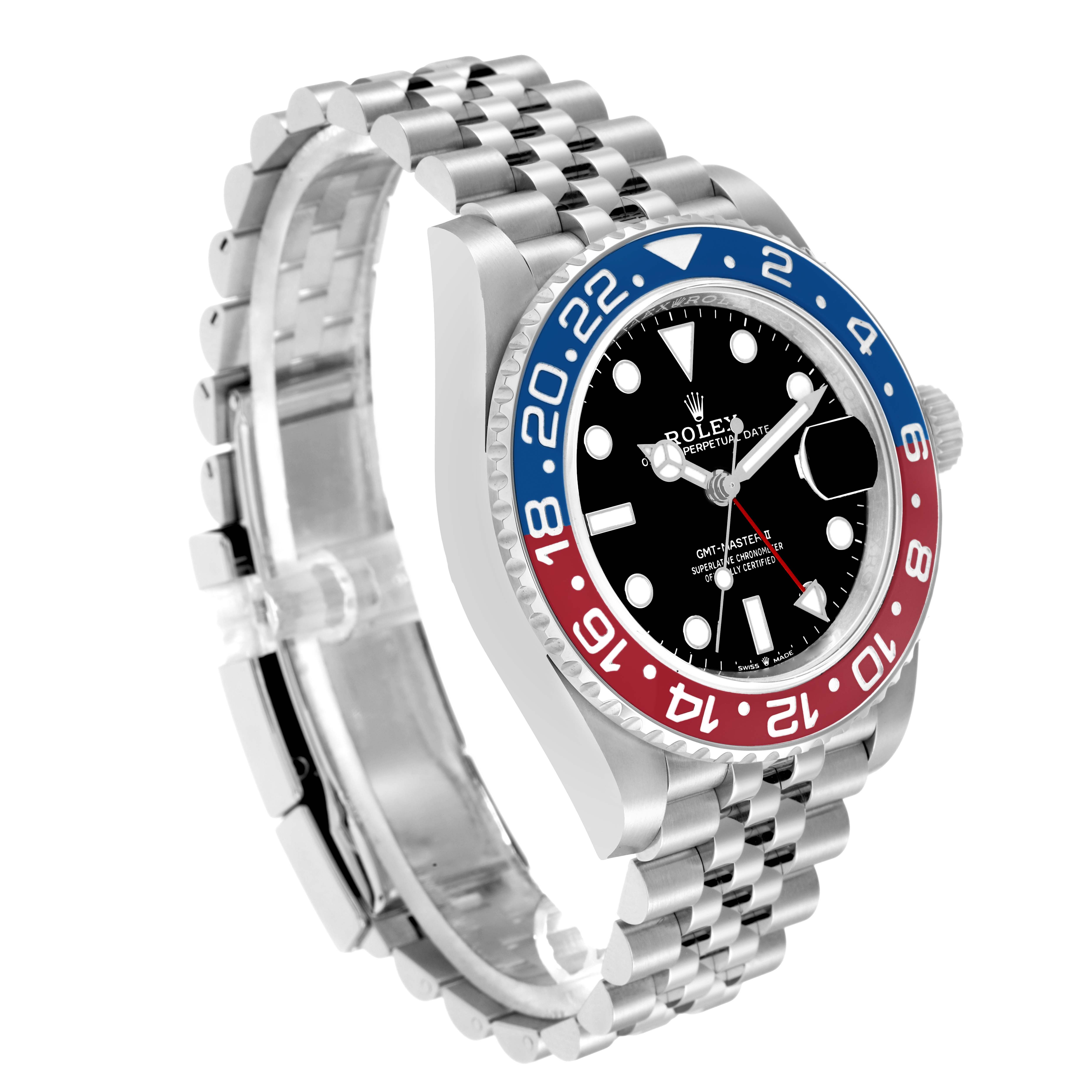 The Rolex GMT-Master 126710 Men
s Stainless Steel Black Dial watch is shown at an oblique angle, displaying the bezel, dial, and Jubilee bracelet.