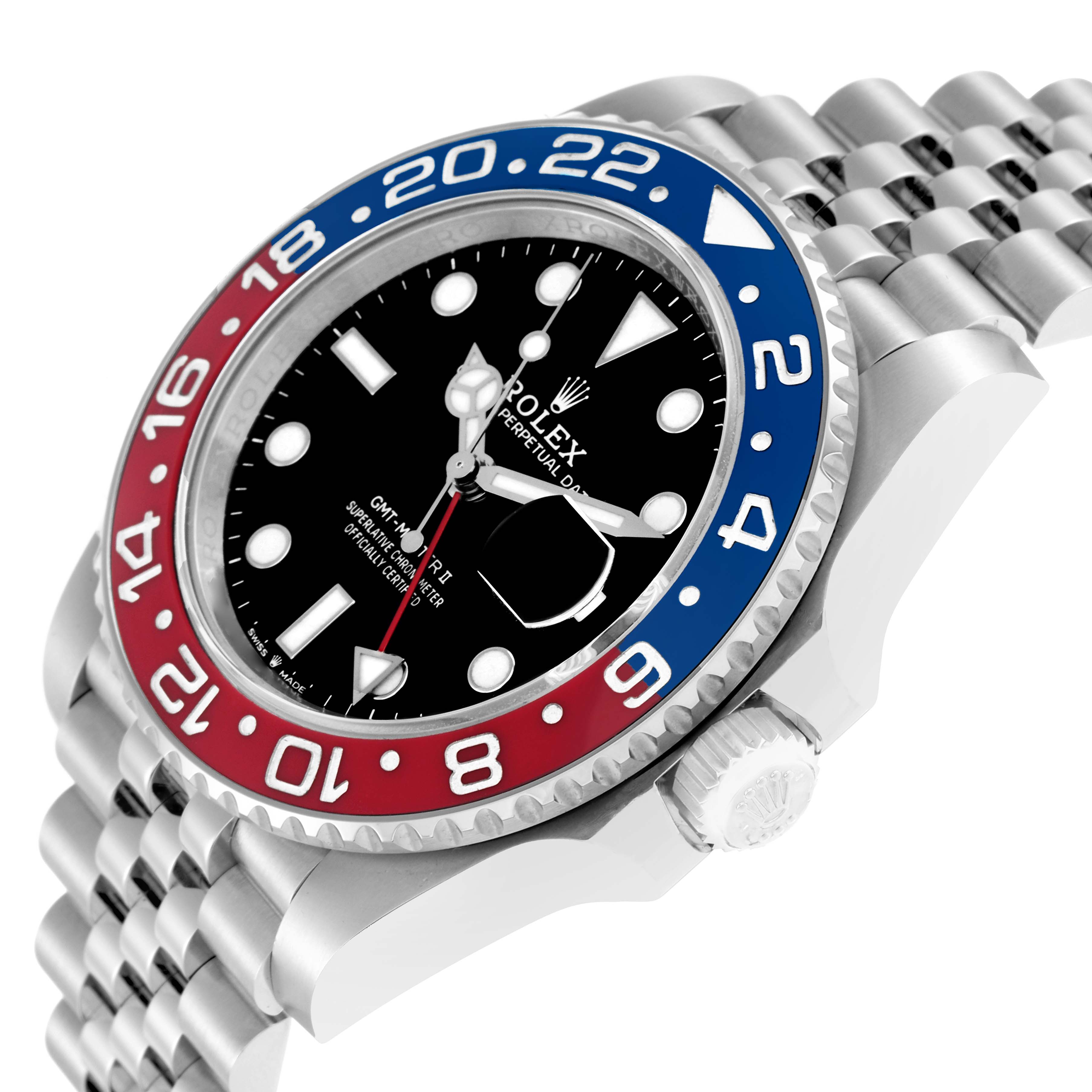 The Rolex GMT-Master 126710 Men
s Stainless Steel Black Dial watch is shown at an angle highlighting the bezel, dial, crown, and Jubilee bracelet.