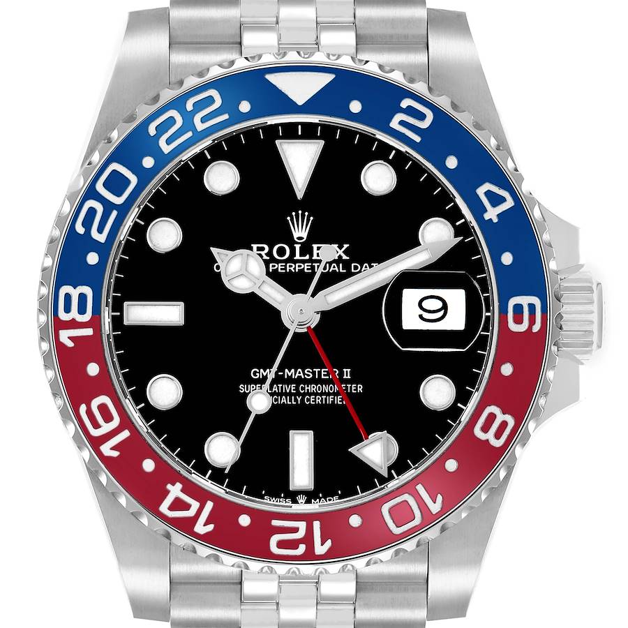 The Rolex GMT-Master II model 126710 is shown from the front, highlighting its black dial, red and blue bezel, hands, date window, and part of the bracelet.