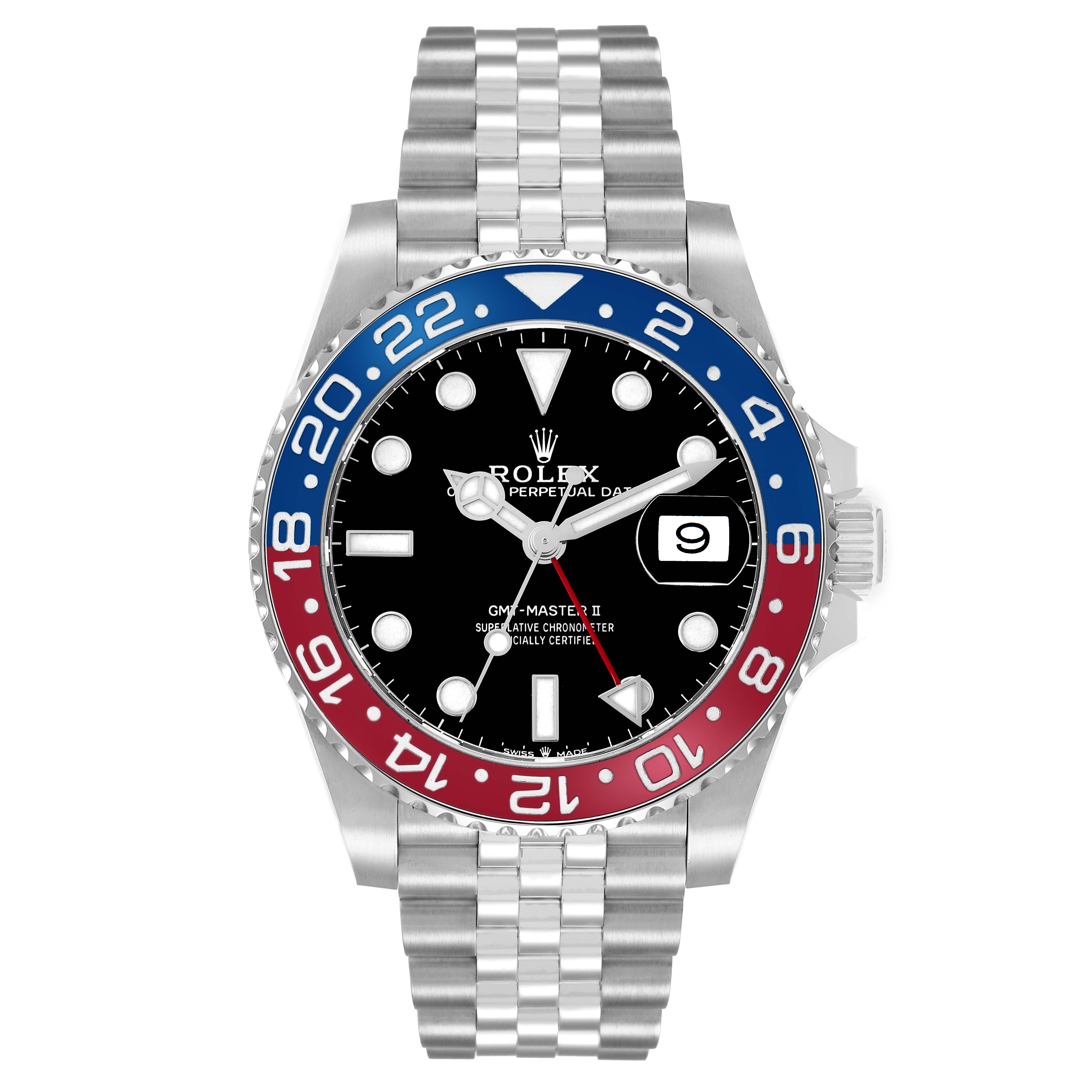 The Rolex GMT-Master 126710 Men
s Stainless Steel Black Dial watch is shown from the front, highlighting the bezel, dial, bracelet, and date function.