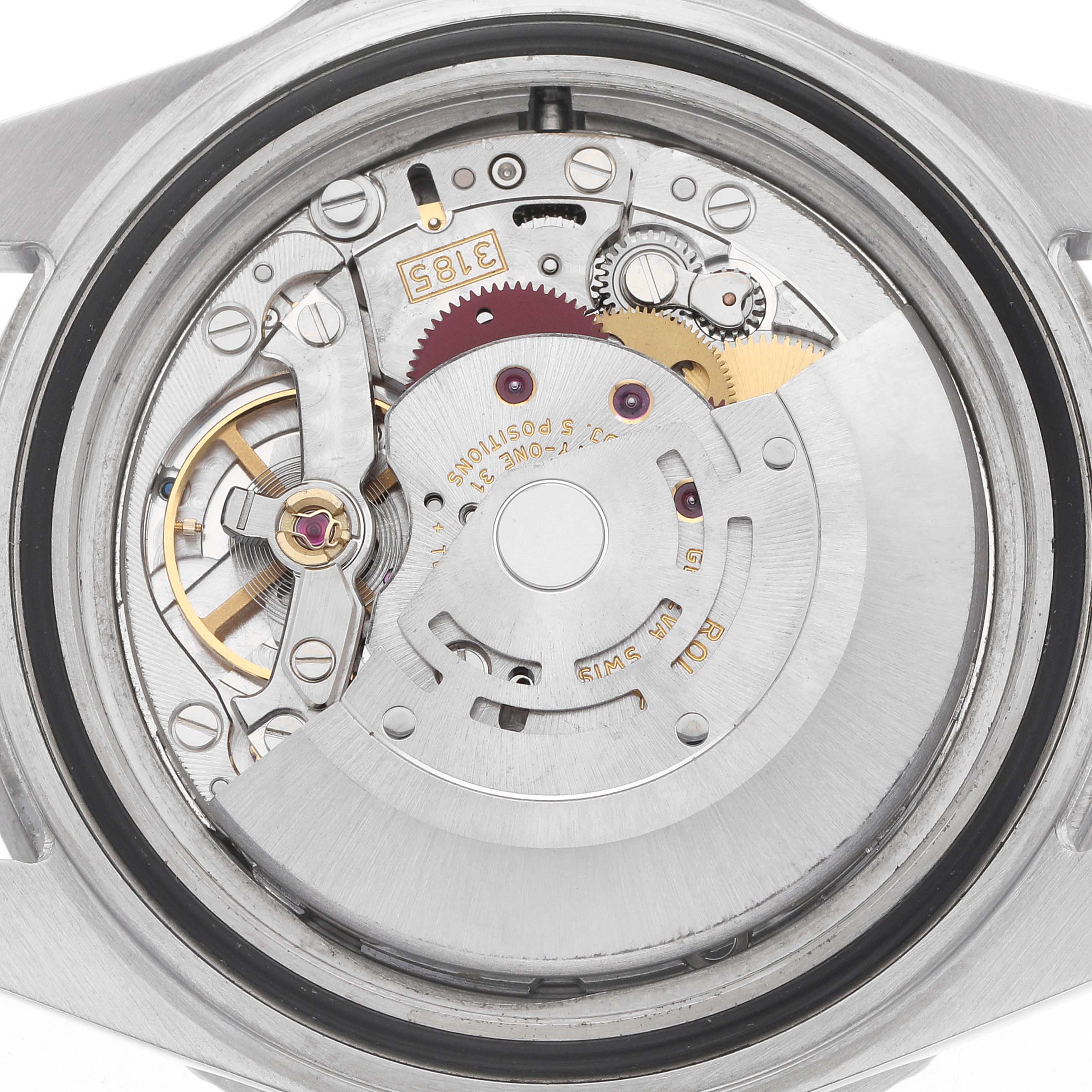 The image shows the movement of a Rolex GMT-Master 16710 Men
s Stainless Steel Black Dial watch from a top-down angle, showcasing its intricate internal mechanisms.