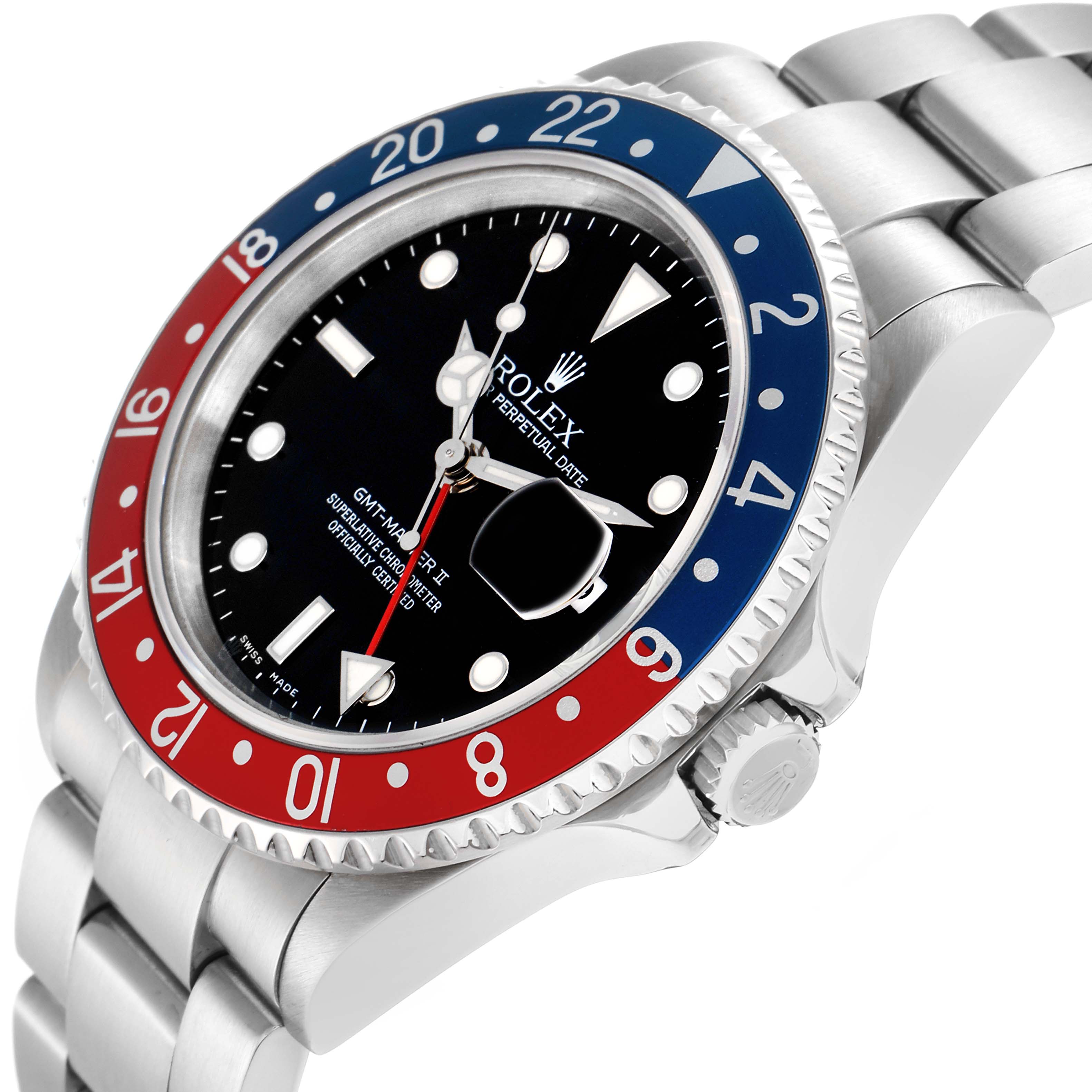 The Rolex GMT-Master 16710 Men
s Stainless Steel Black Dial watch is shown at an angled close-up, displaying the bezel, dial, crown, and bracelet.
