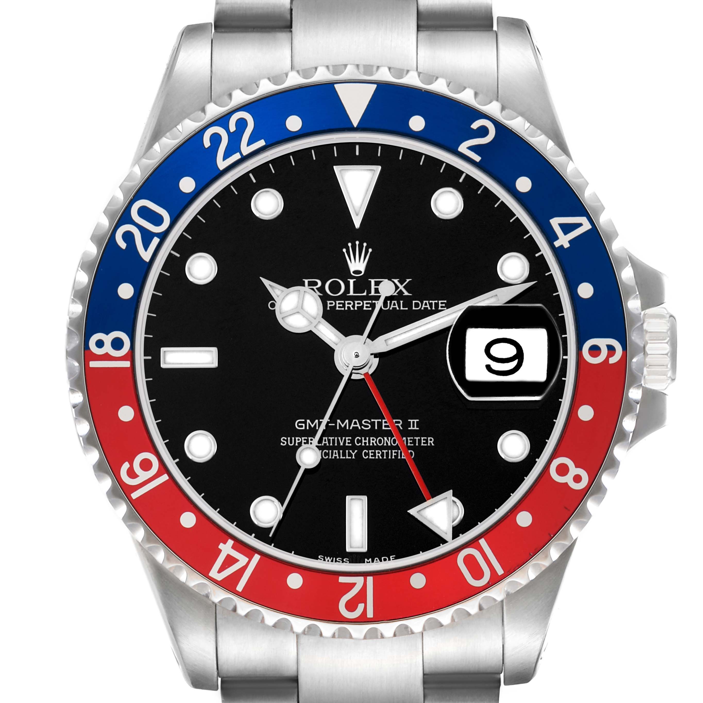 The image shows a front view of the Rolex GMT-Master 16710 Men
s Stainless Steel Black Dial II watch, highlighting its blue and red bezel and black dial.