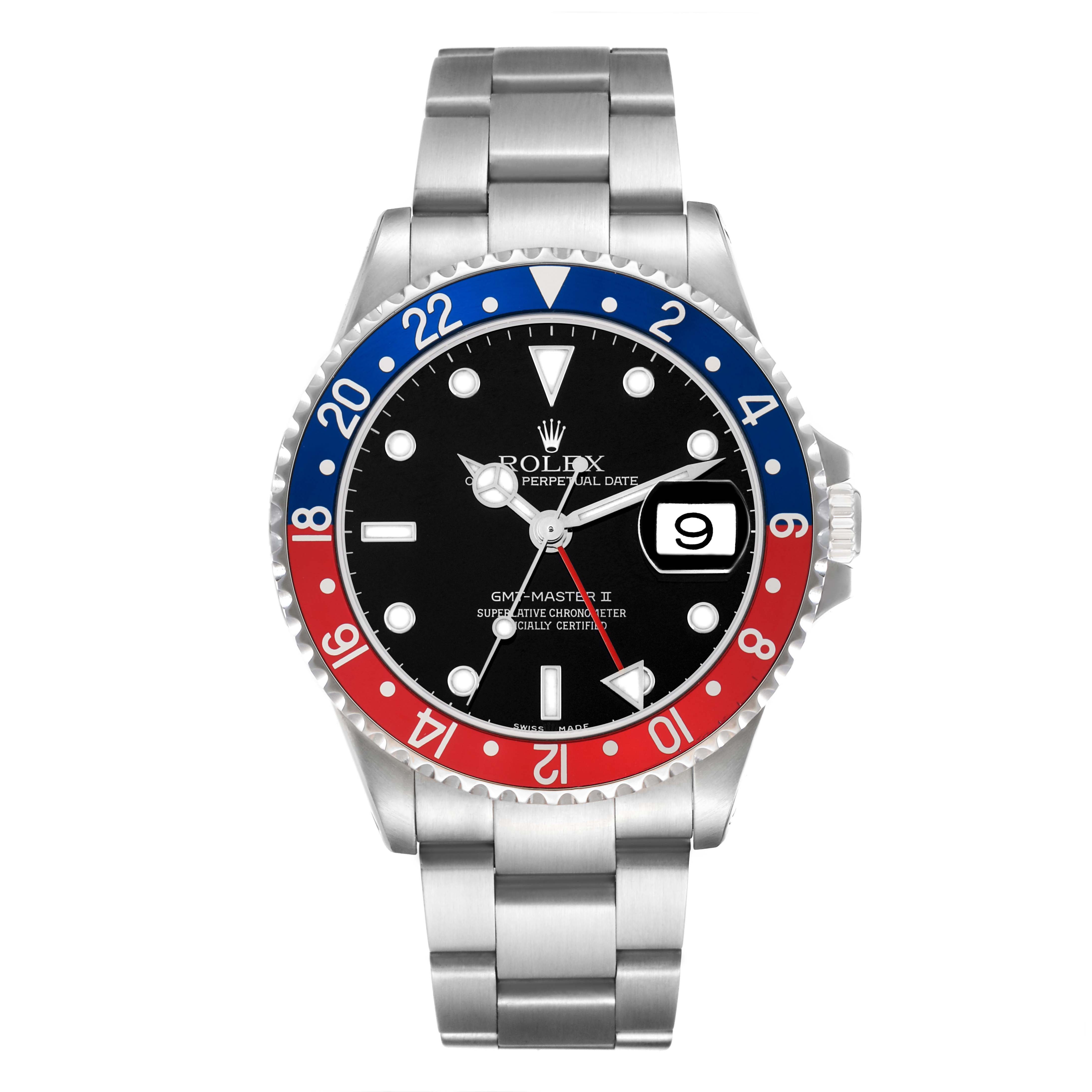 The Rolex GMT-Master 16710 Men
s Stainless Steel Black Dial watch is shown from a front view, highlighting its bezel, dial, date window, and bracelet.